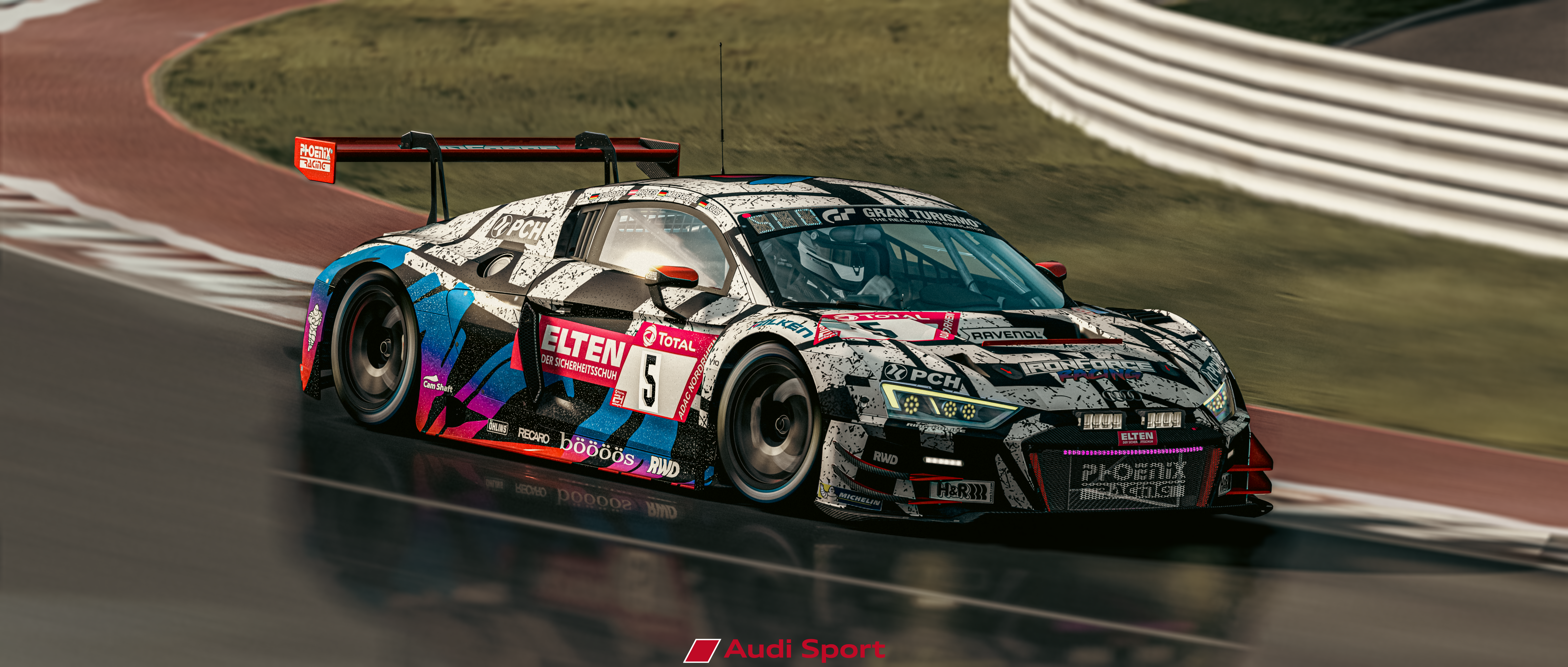 Audi Audi R8 Race Cars Race Tracks Assetto Corsa PC Gaming Car Reflection Front Angle View Helmet CG 7680x3269