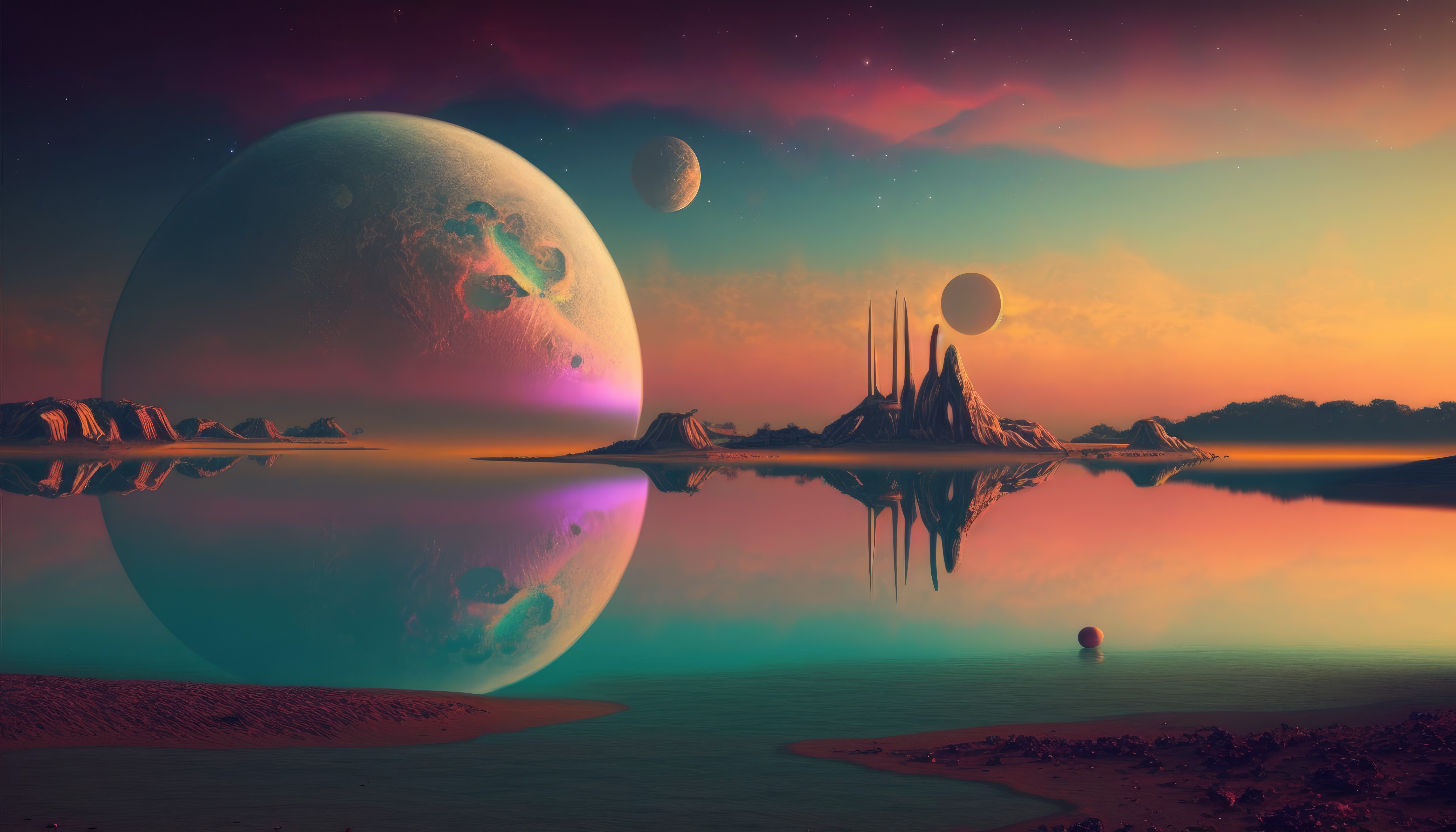 Ai Art Illustration Science Fiction Planet Reflection Water 4579x2616