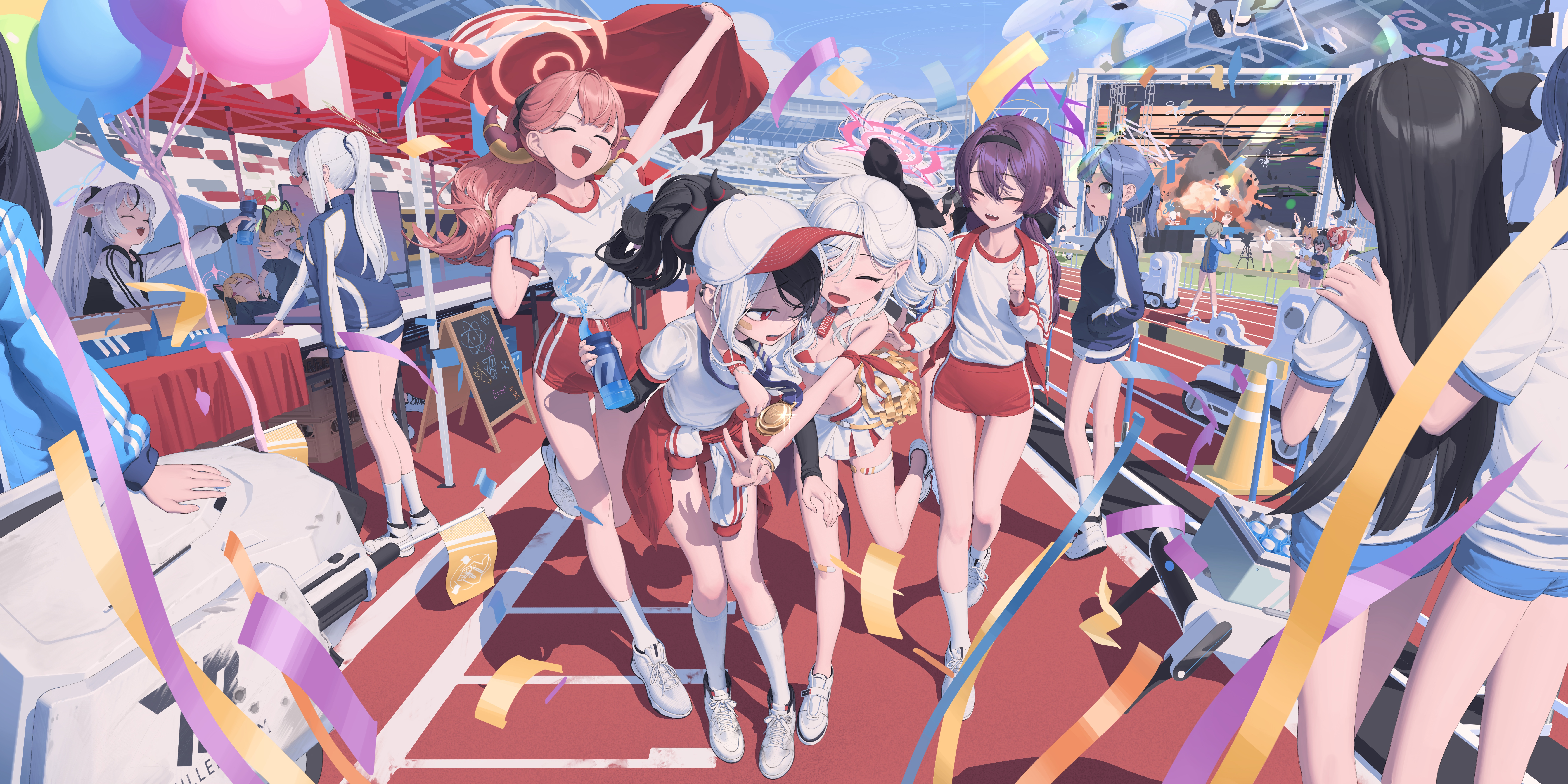 Anime Anime Girls Digital Art Artwork 2D Cheerleaders Happy Shorts Hugging Blue Archive 8502x4249