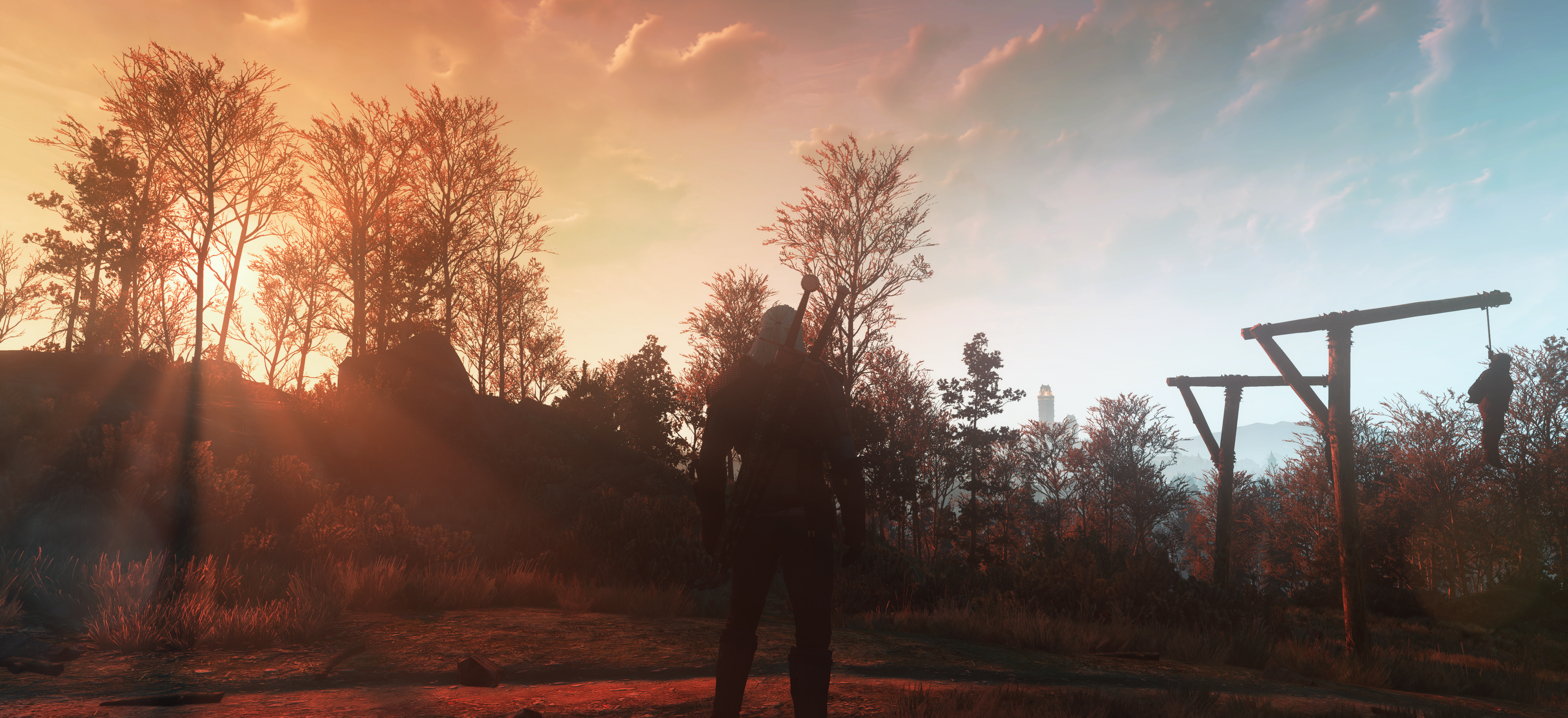 The Witcher 3 Wild Hunt Screen Shot Clouds Sky Video Game Art Sunset Sunset Glow Standing Video Game 3840x1760