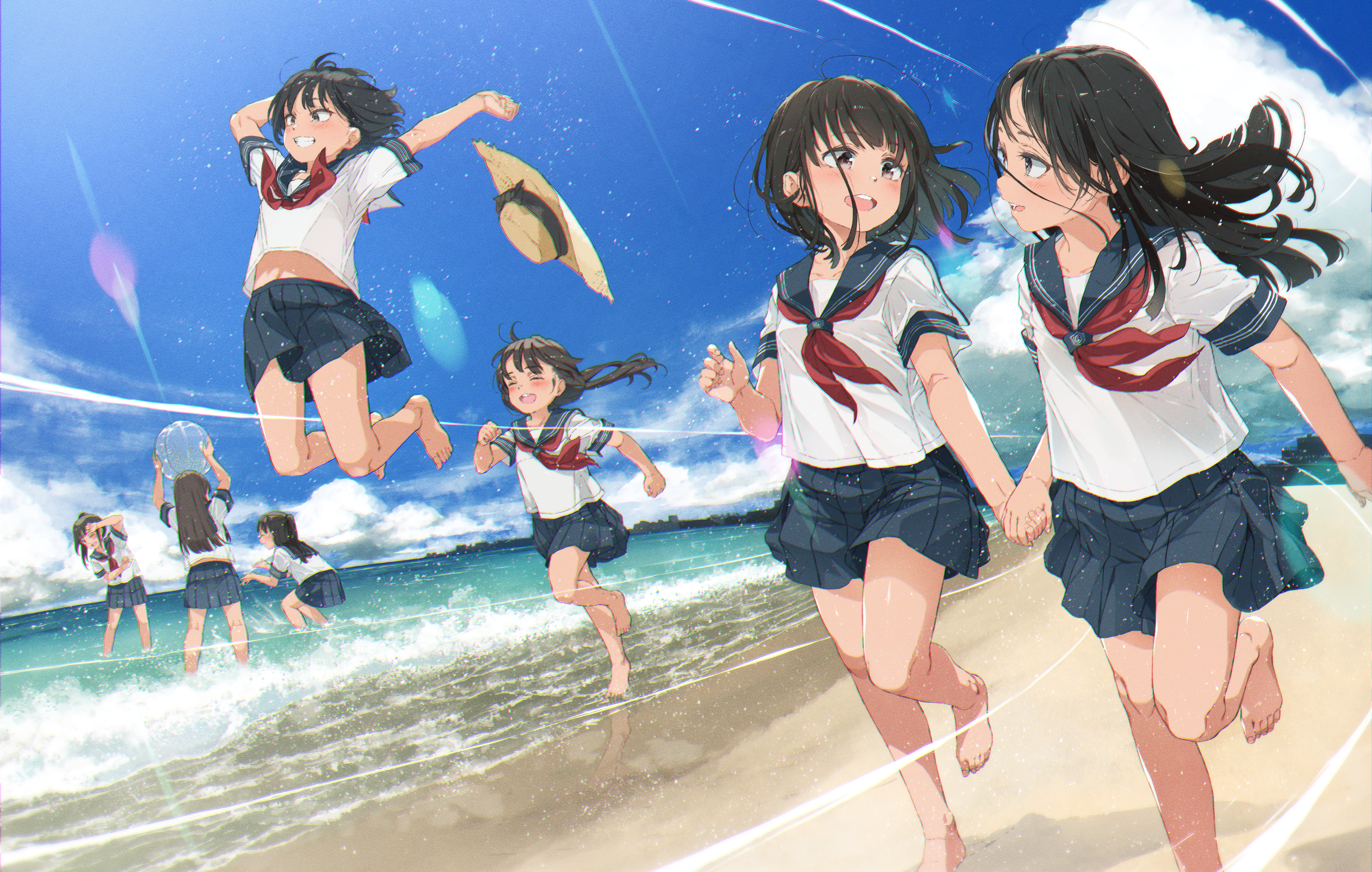 Anime Girls Straw Hat Running Group Of Women Standing In Water Water Schoolgirl School Uniform Women 3500x2226