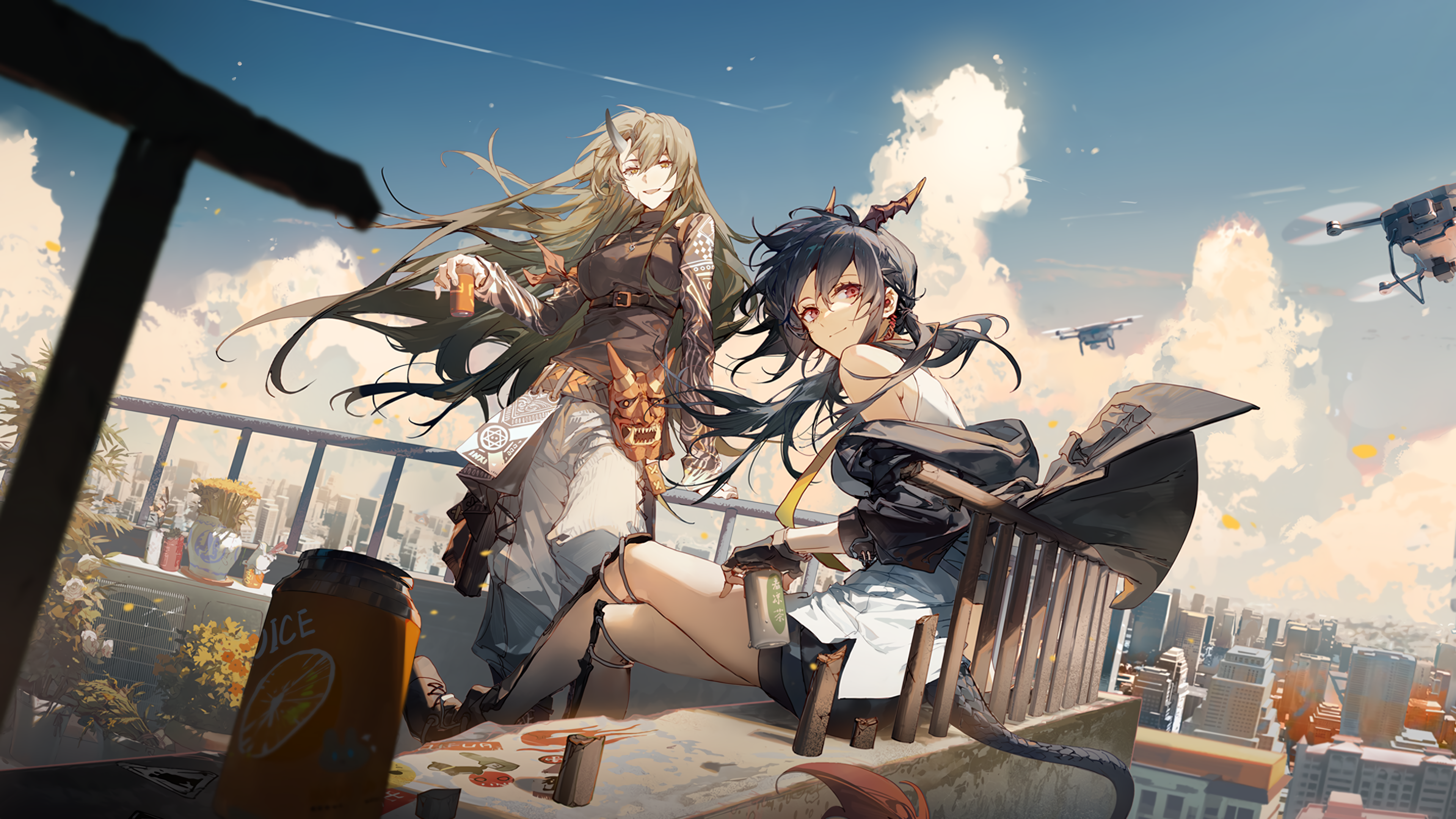 Arknights Hoshiguma Arknights Chen Arknights Sky Anime Girls Clouds Smiling Long Hair Hair Blowing I 3840x2160