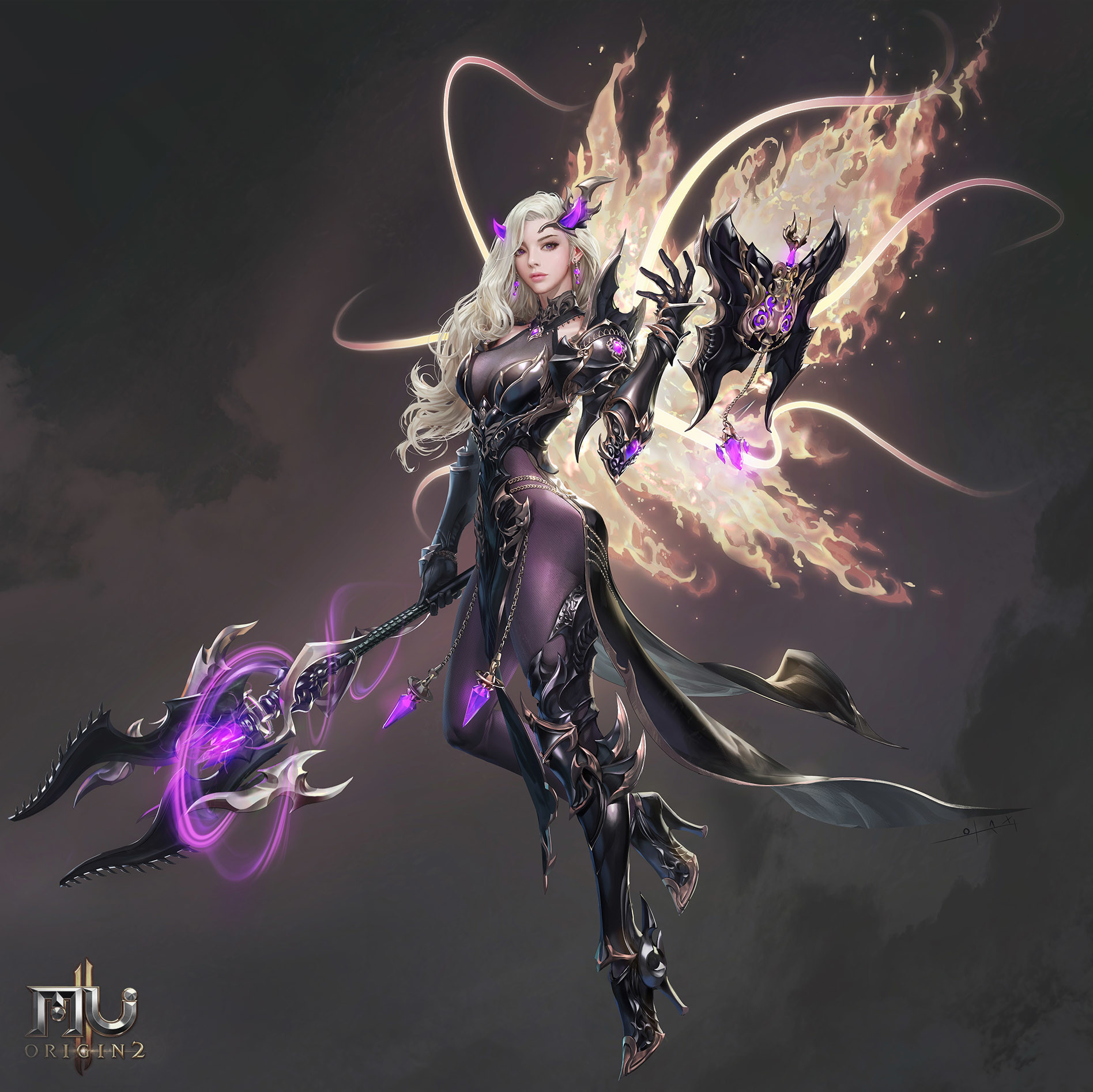 Seunghee Lee Drawing Women Blonde Magic Spell Wings Fire Armor Simple Background Floating Fantasy Ar 1896x1894