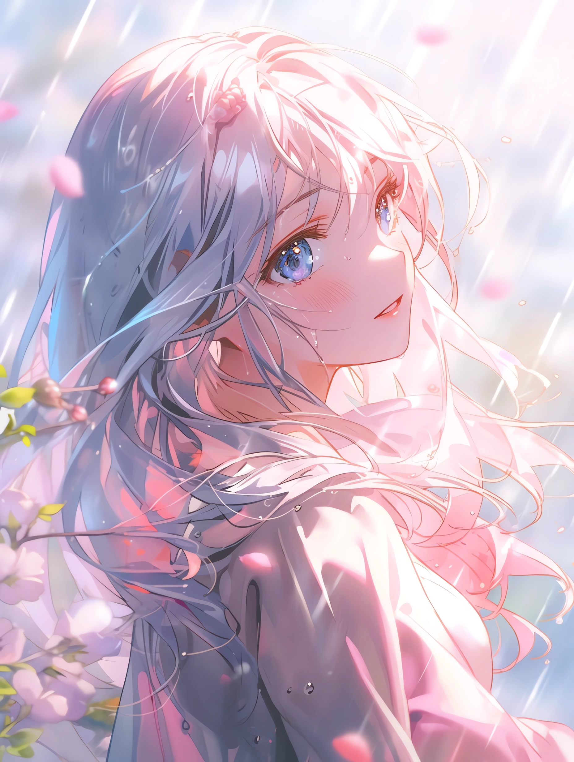 Anime Anime Girls Portrait Display Petals Blue Hair Blue Eyes Looking At Viewer Flowers Sunlight Lon 1856x2464
