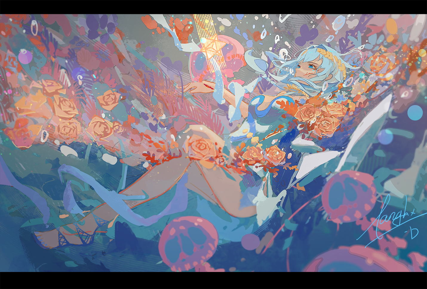 Colorful Anime Girls Jelly Flowers Underwater Water Blue Hair Blue Eyes 1430x968