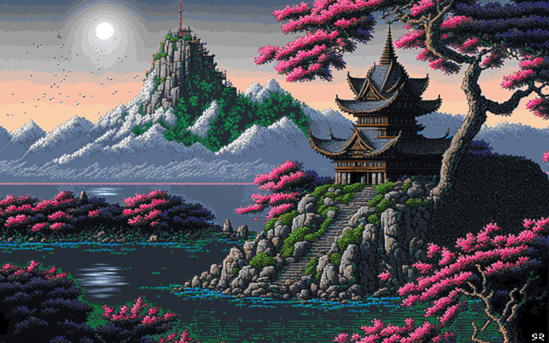 Pixel Art Building Trees Mountains Water Asian Architecture Pagoda Cherry Blossom Branch Stones Stai 1920x1200