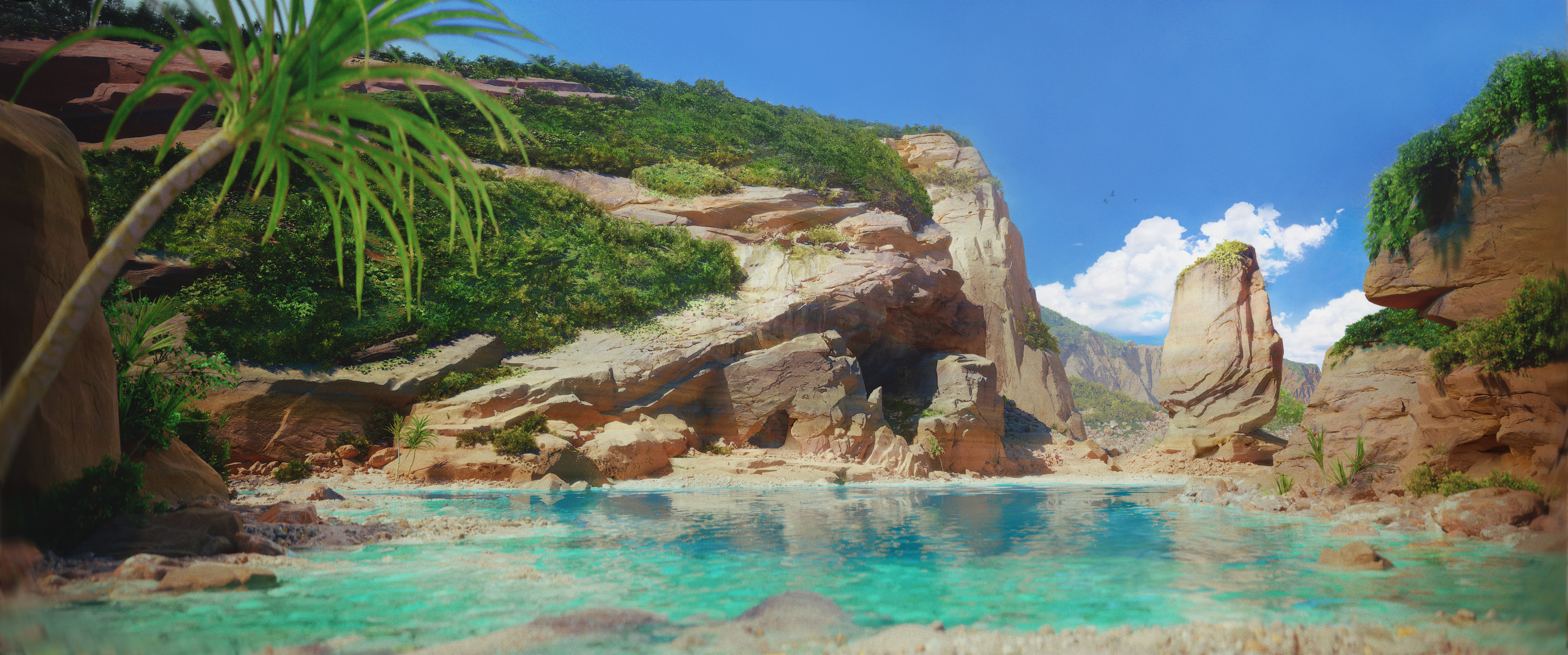 Digital Art Artwork Illustration CGi Unreal Engine 5 Landscape Rock Formation Nature Water Sea Palm  3840x1604