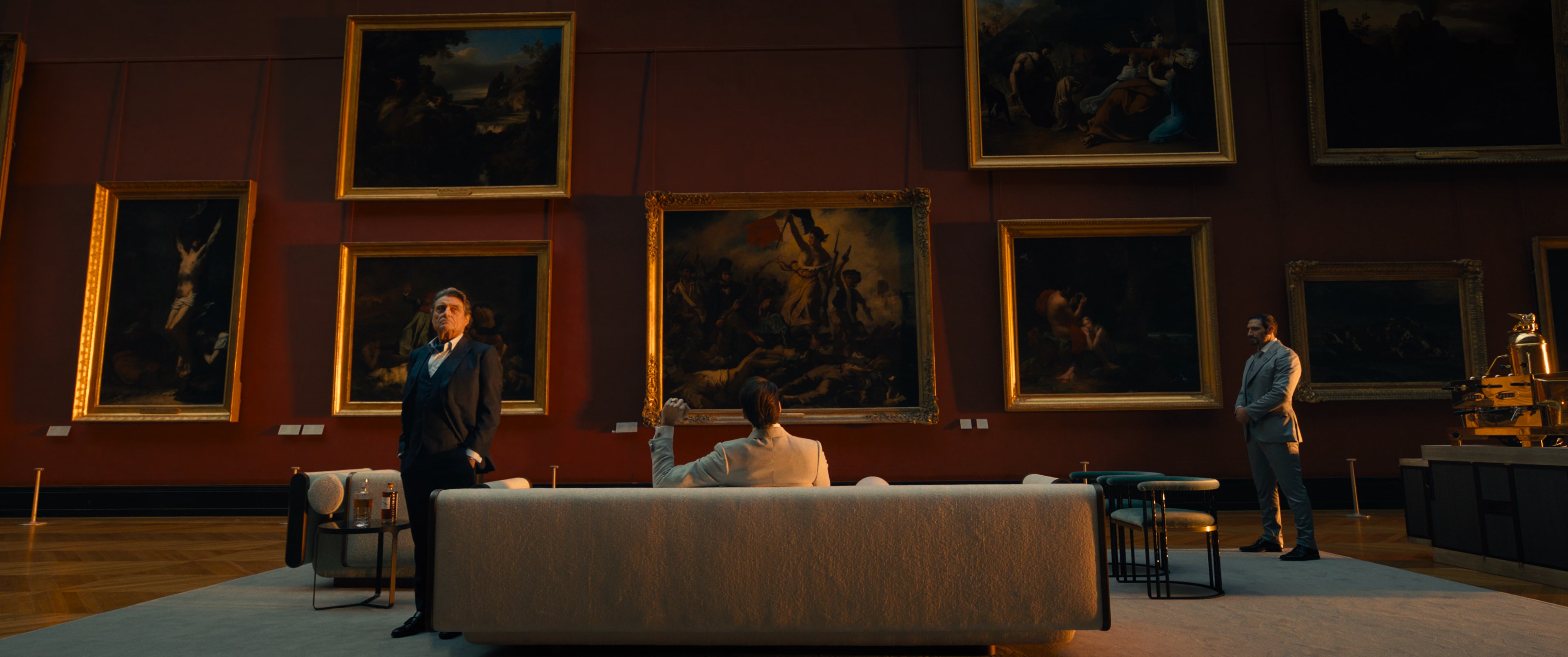 John Wick Louvre Painting Bill Skarsgard Film Stills Movies Picture Frames Standing Suits Chair Couc 3840x1608