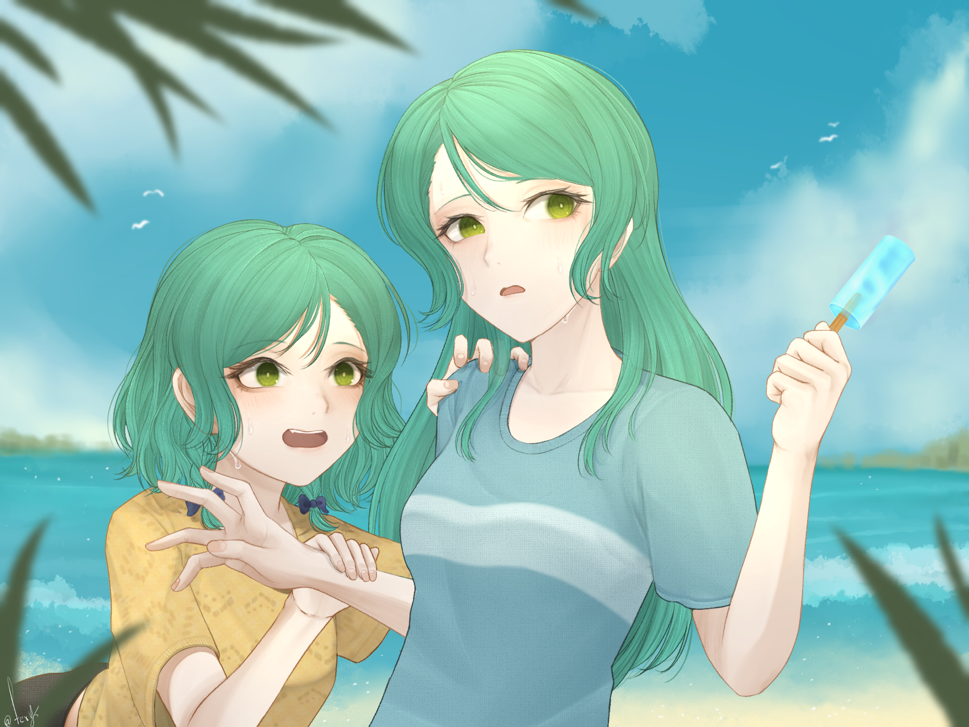 Anime Anime Girls BanG Dream Hikawa Hina Hikawa Sayo Short Hair Long Hair Green Hair Twins Two Women 1920x1440