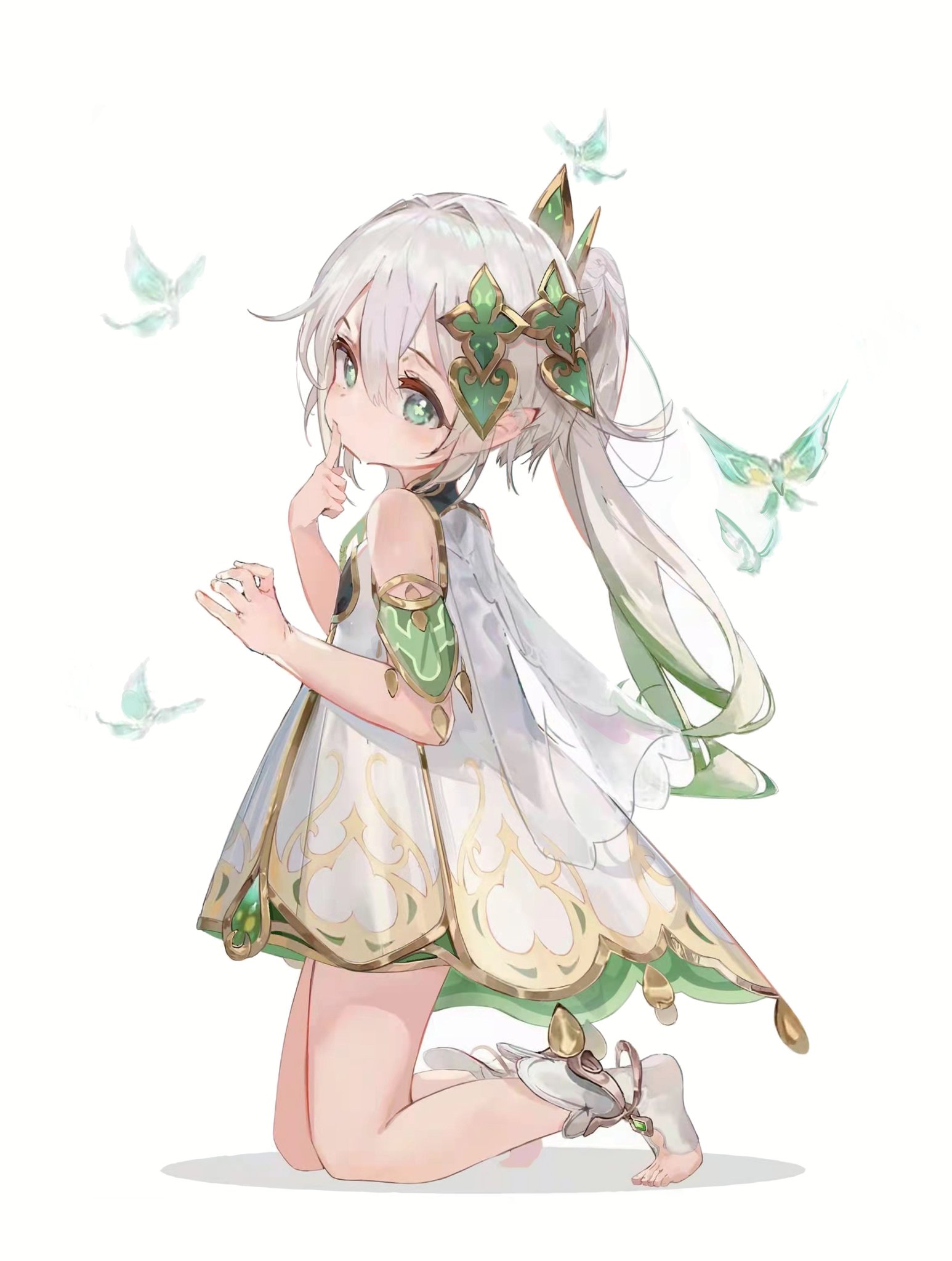 Genshin Impact Artwork Anime Anime Girls White Hair Barefoot Ponytail Green Eyes White Background Fa 1546x2048