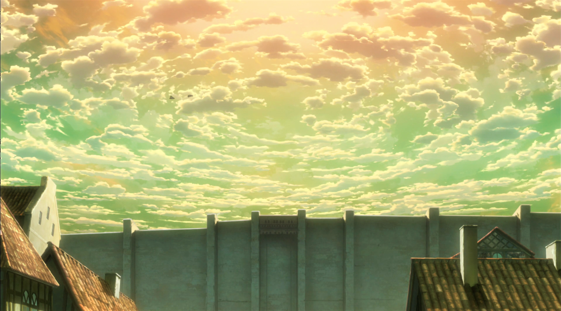 Shingeki No Kyojin Sky Clouds Sunset House Chimneys Birds Sunlight Sunset Glow Anime Anime Screensho 1918x1065