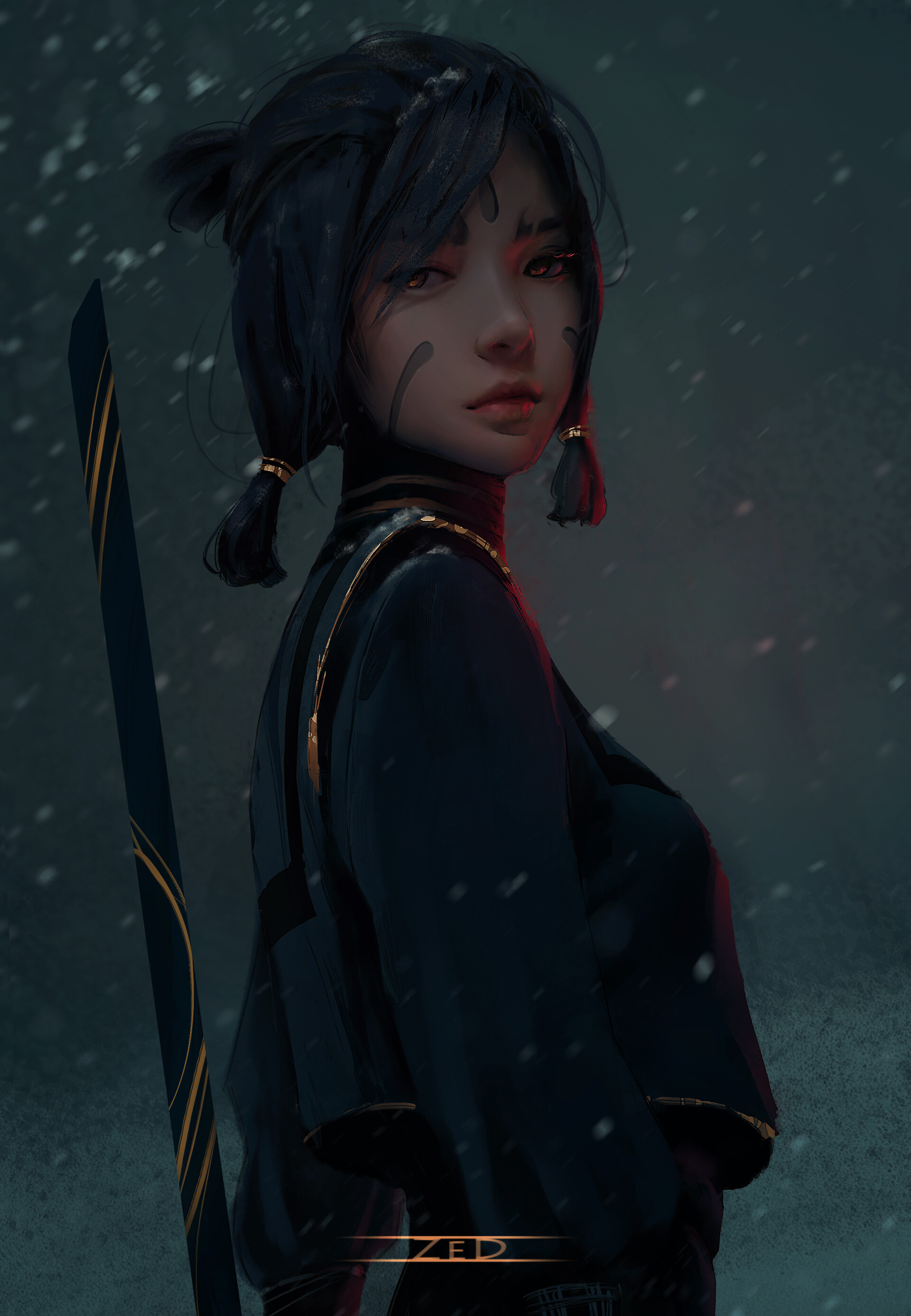 Trungbui Drawing Women Dark Hair Twintails Face Paint Black Clothing Weapon Snow Portrait 1920x2772