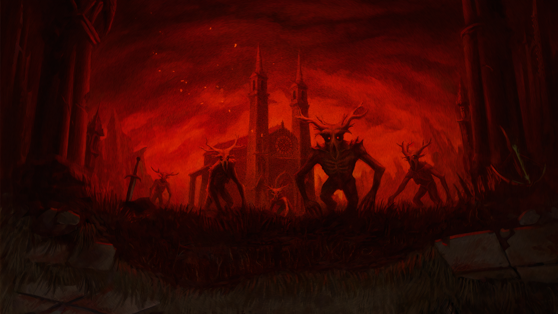 Dusk Red Sky Red Creature Horror Looking At Viewer Cathedral Glowing Eyes Artwork 1920x1080