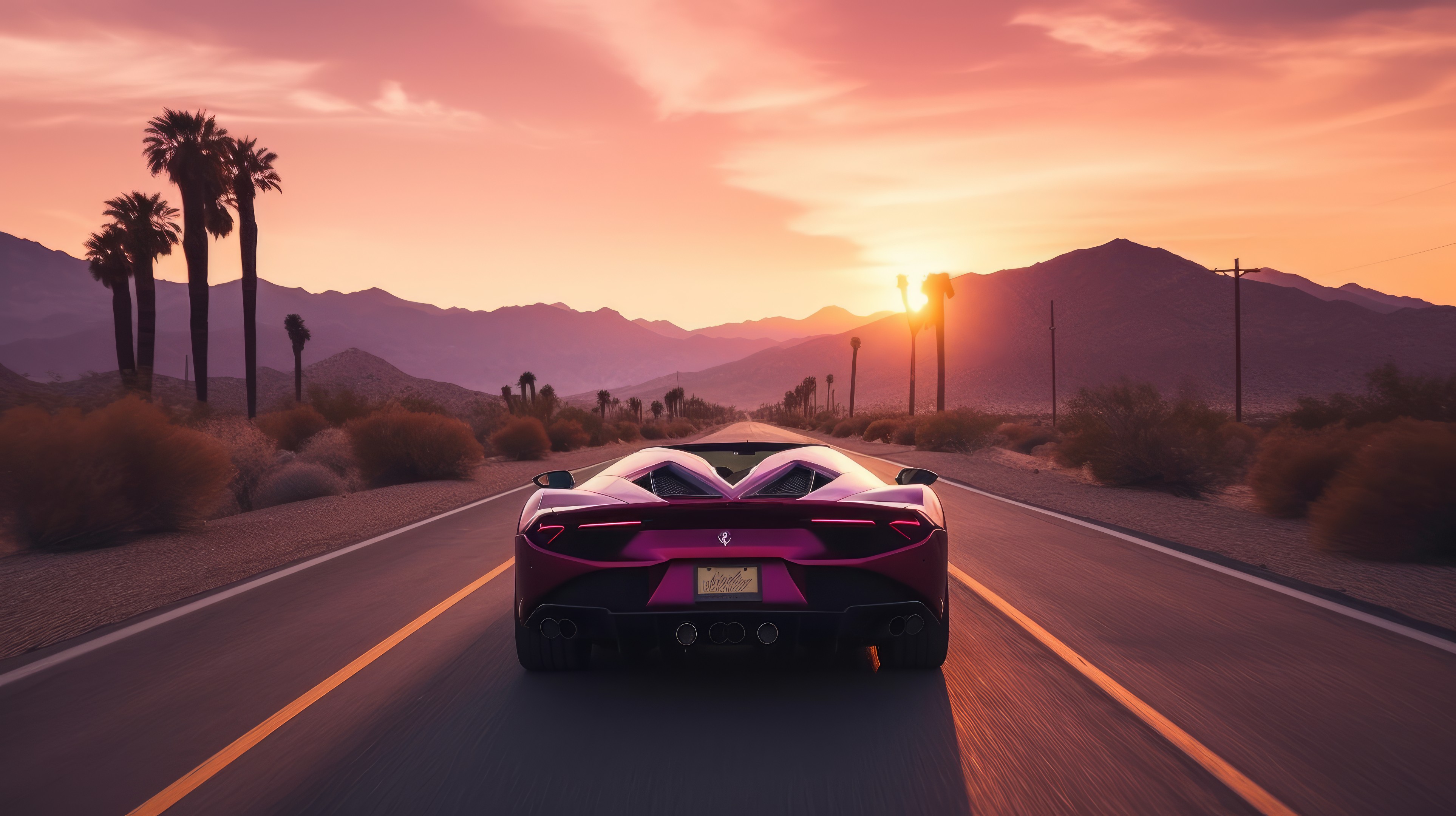 Ai Art Synthwave Sports Car Driving Sunset Desert Rear View Car Licence Plates Sun Sunset Glow Sky M 3854x2160