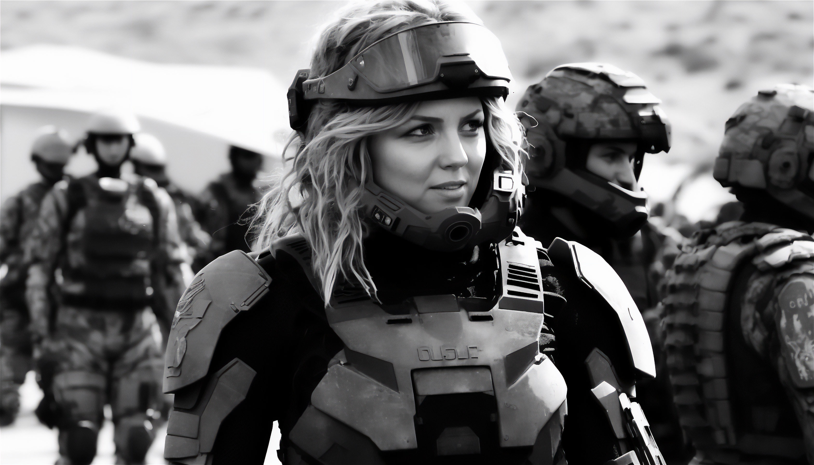 Ai Art Women Blonde Female Soldier Science Fiction Armor Monochrome 3136x1792
