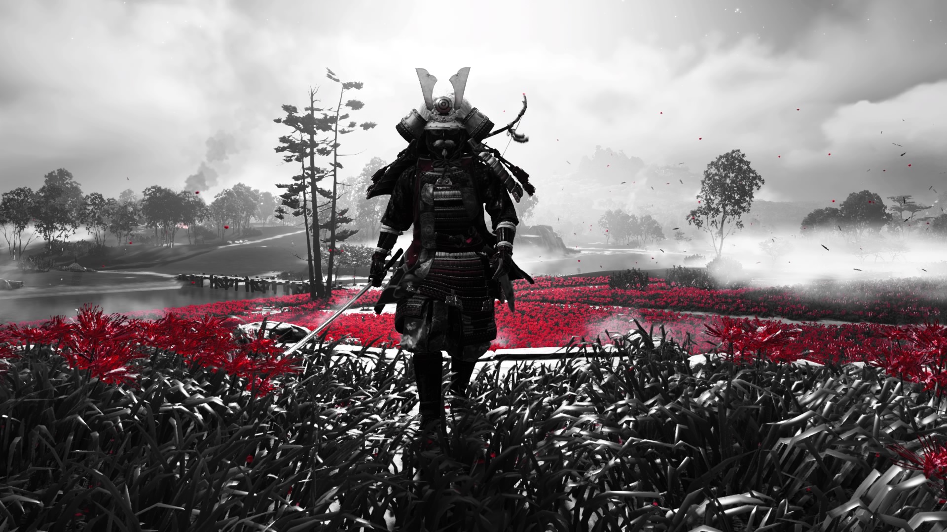 Ghost Of Tsushima Video Game Characters Video Games Katana Armor Video Game Art Petals 1920x1080