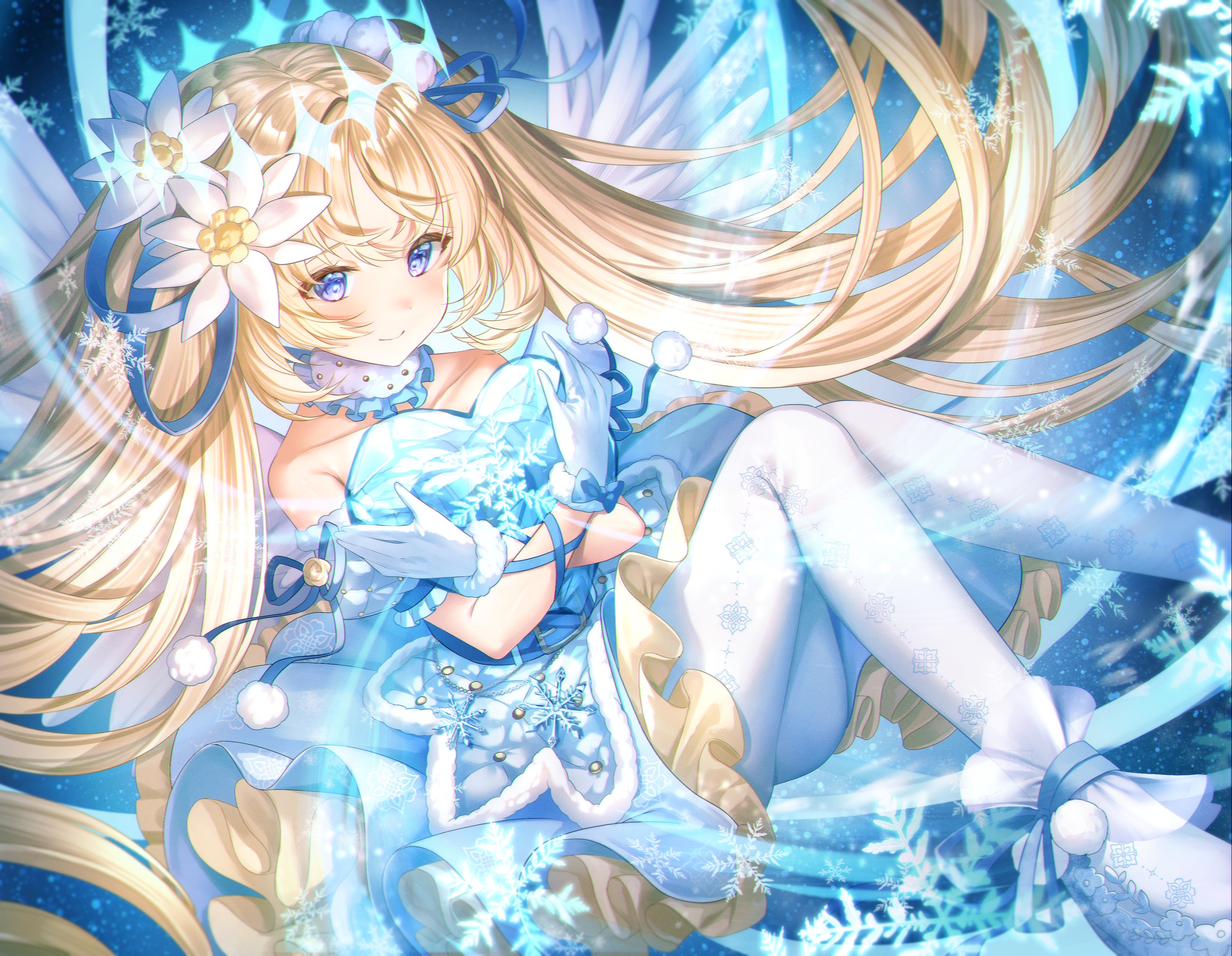 Anime Anime Girls Blonde Blue Eyes Flower In Hair Gloves Long Hair Snowflakes Smiling 2877x2232