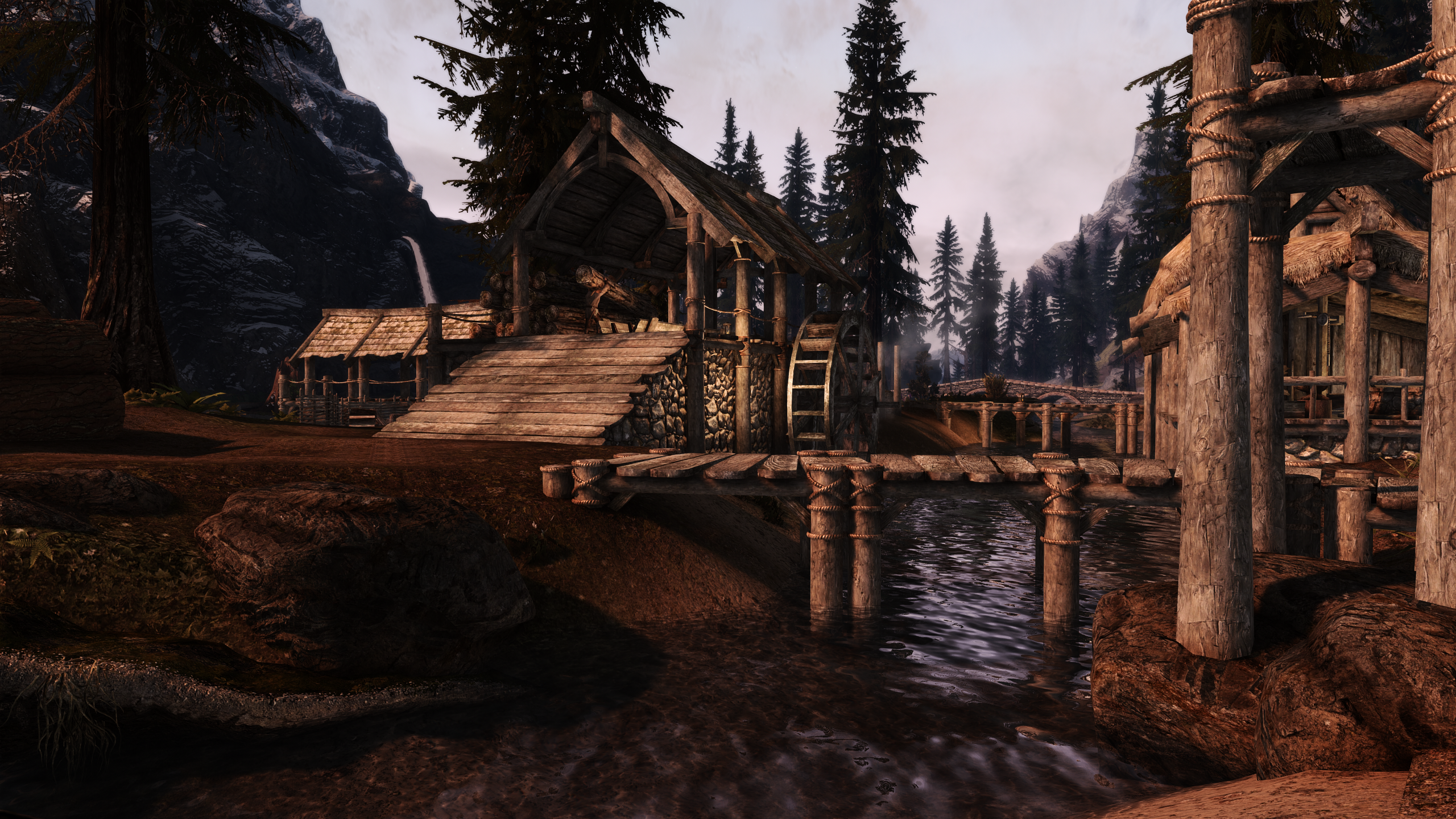 Video Games CGi The Elder Scrolls V Skyrim Riverwood Water Bridge Video Game Art Trees Forest Wood W 2560x1440