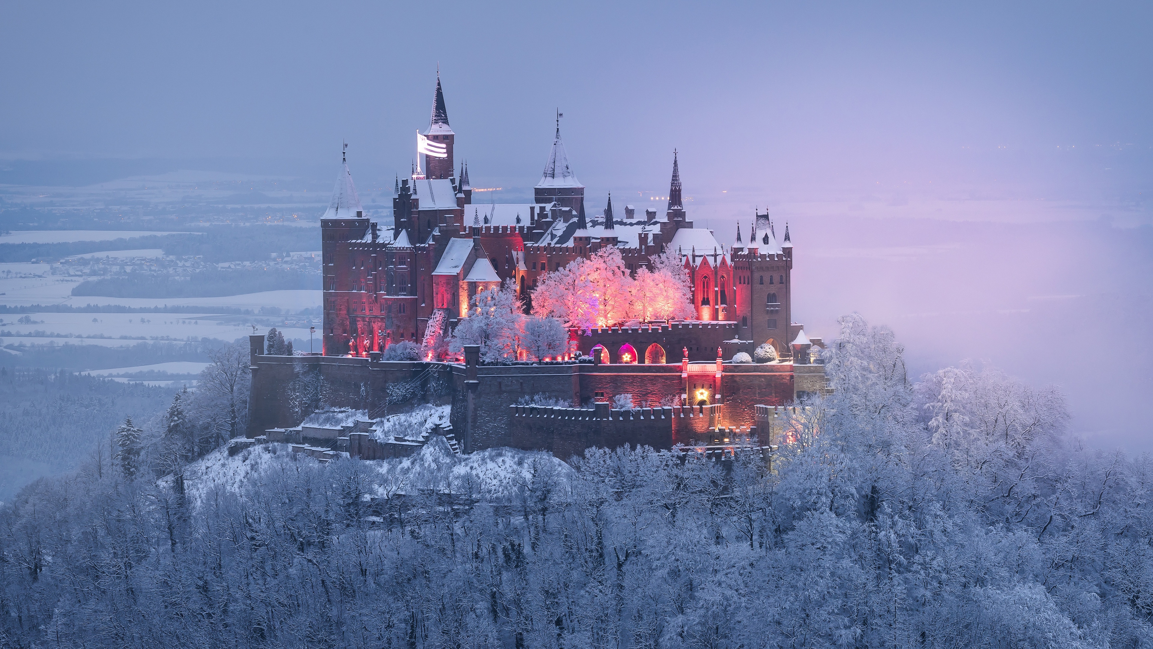 Castle Hohenzollern Snow Germany Winter Sky Mist Forest Trees Lights Castle 3840x2160