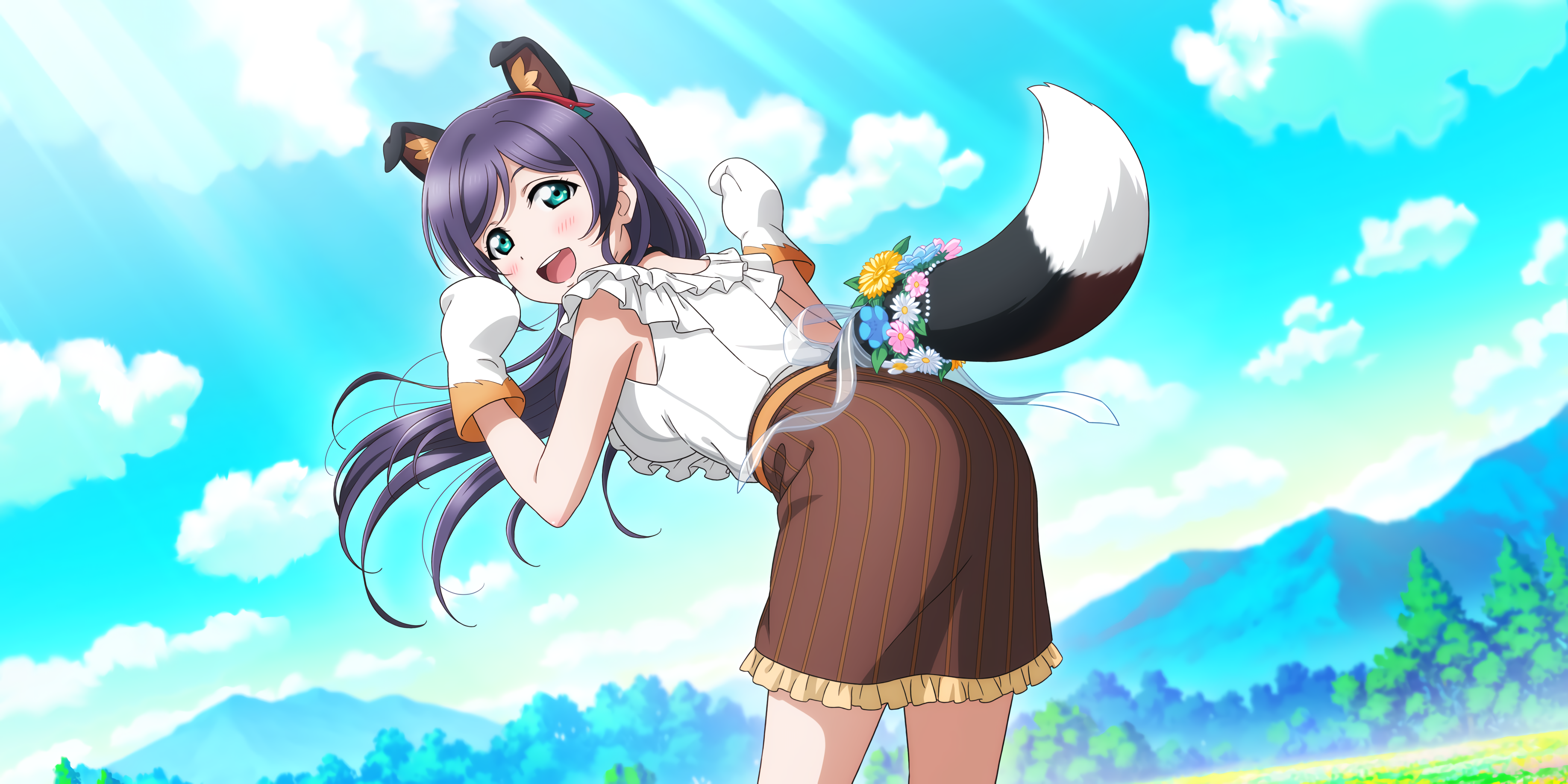 Toujou Nozomi Love Live Anime Anime Girls Animal Ears Animal Tail Flowers 3670x1836