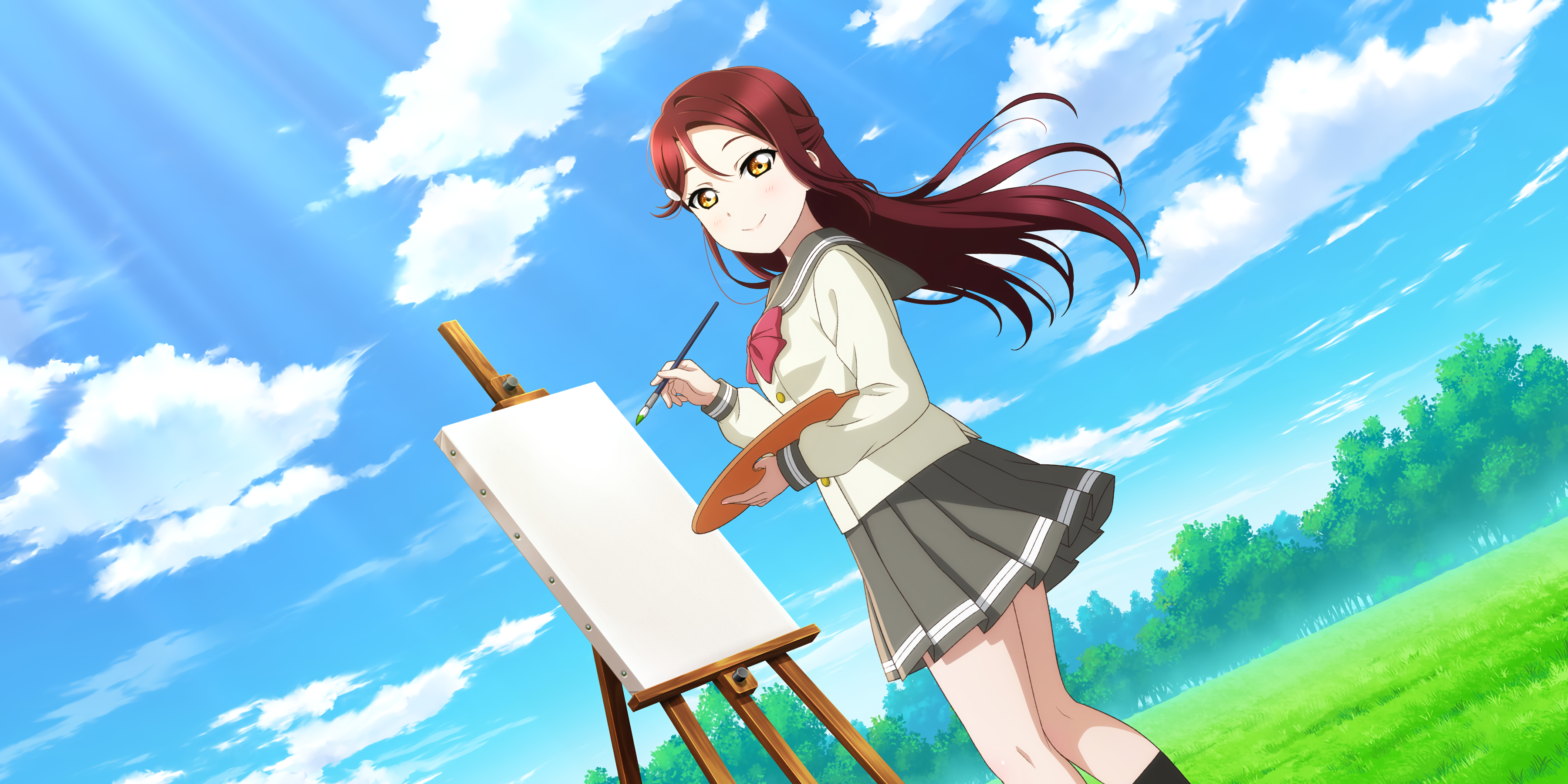Sakurauchi Riko Love Live Love Live Sunshine Anime Anime Girls Sunlight Sky Clouds Long Hair Schoolg 3600x1800