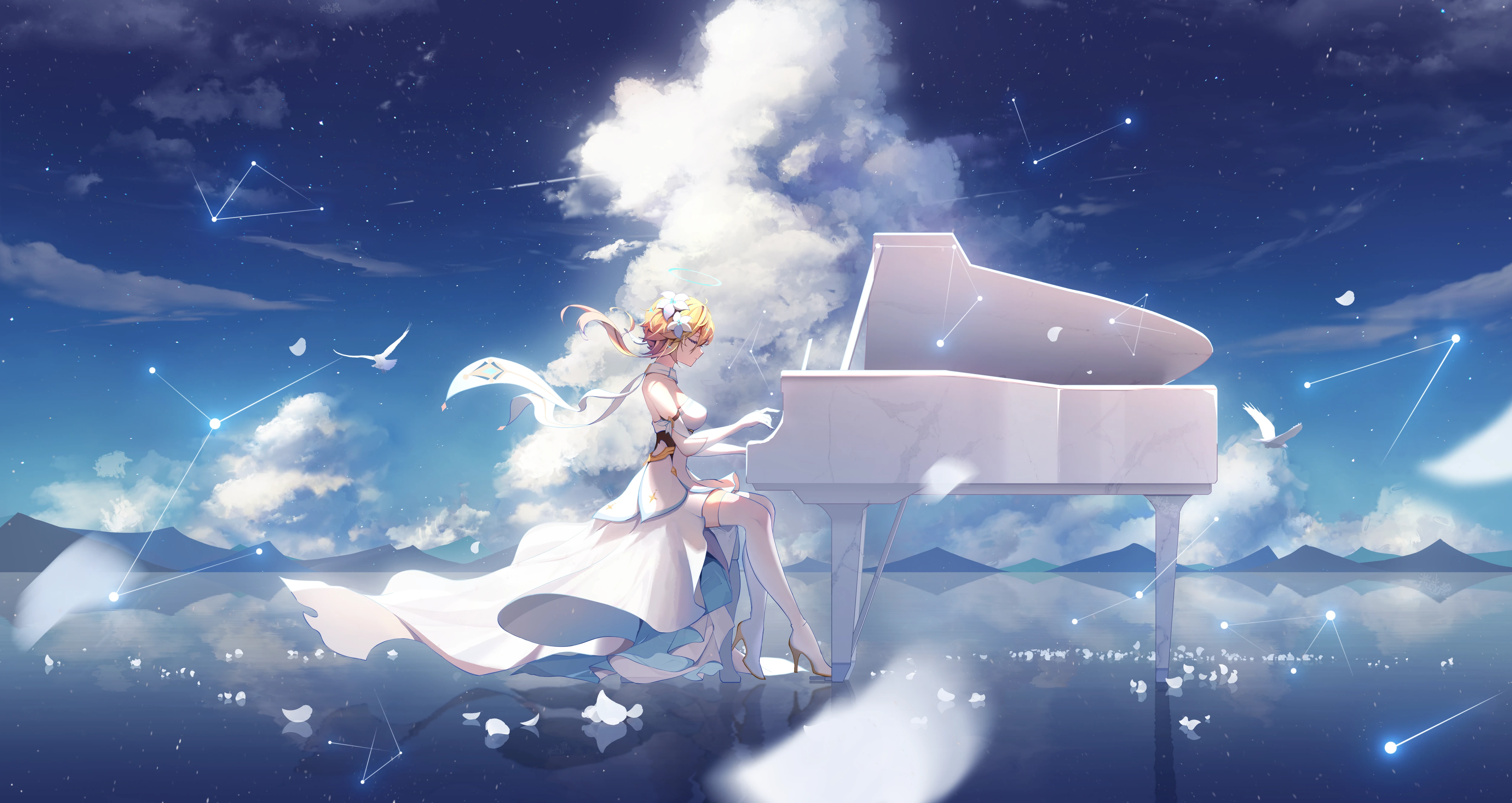 Anime Girls Anime Genshin Impact Piano Lumine Genshin Impact Sky Clouds Dress Flower In Hair Elbow G 5000x2657
