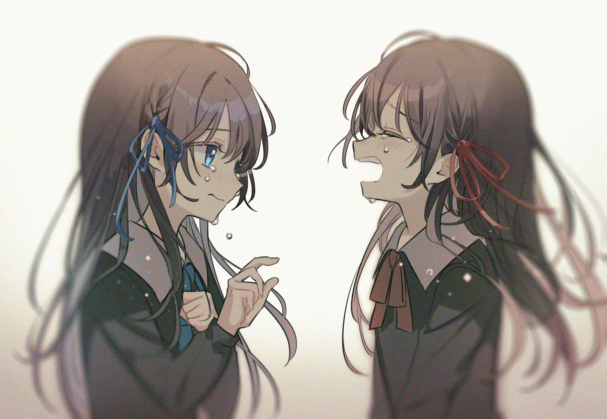 Artwork Digital Art Original Characters Anime Anime Girls Long Hair Black Hair Two Women Twins Cryin 2000x1380
