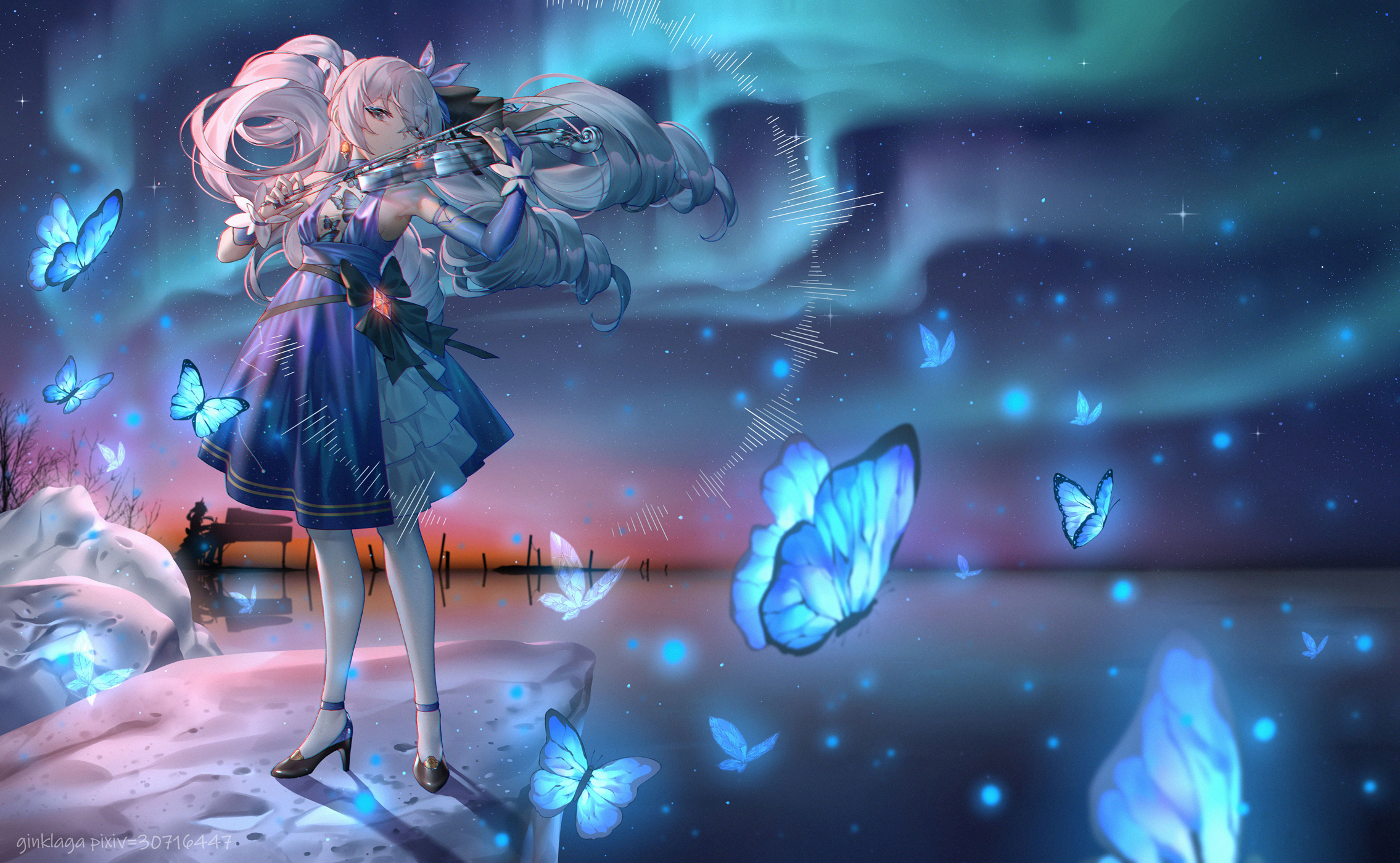 Anime Anime Girls Aurorae Butterfly Violin Dress Black Heels Heels Silver Hair Long Hair Looking At  2270x1400