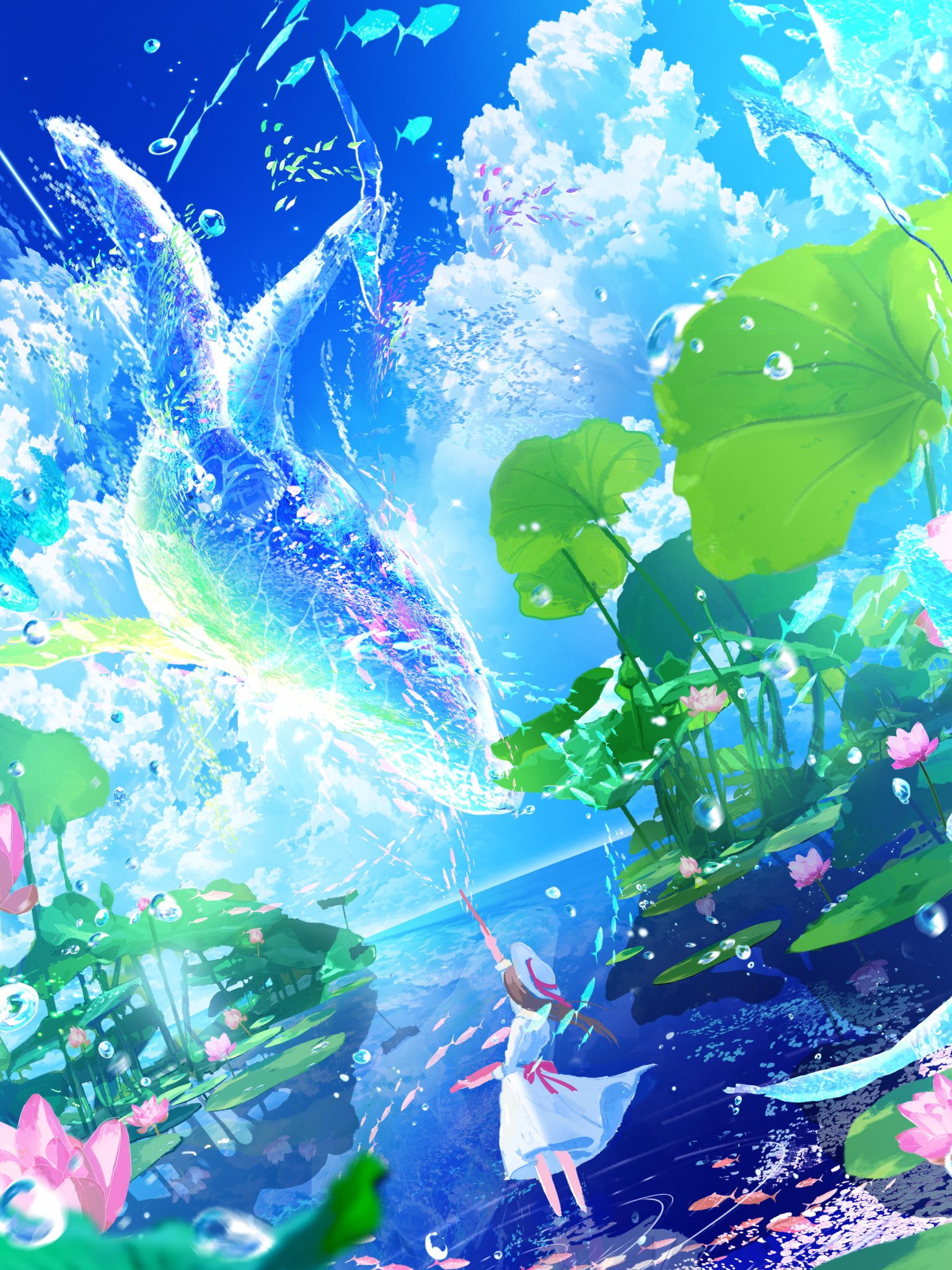 Anime Anime Girls Magic Water Lotus Fish Sky Ripples Nature Portrait Display Leaves Hat Animals Wate 1536x2048