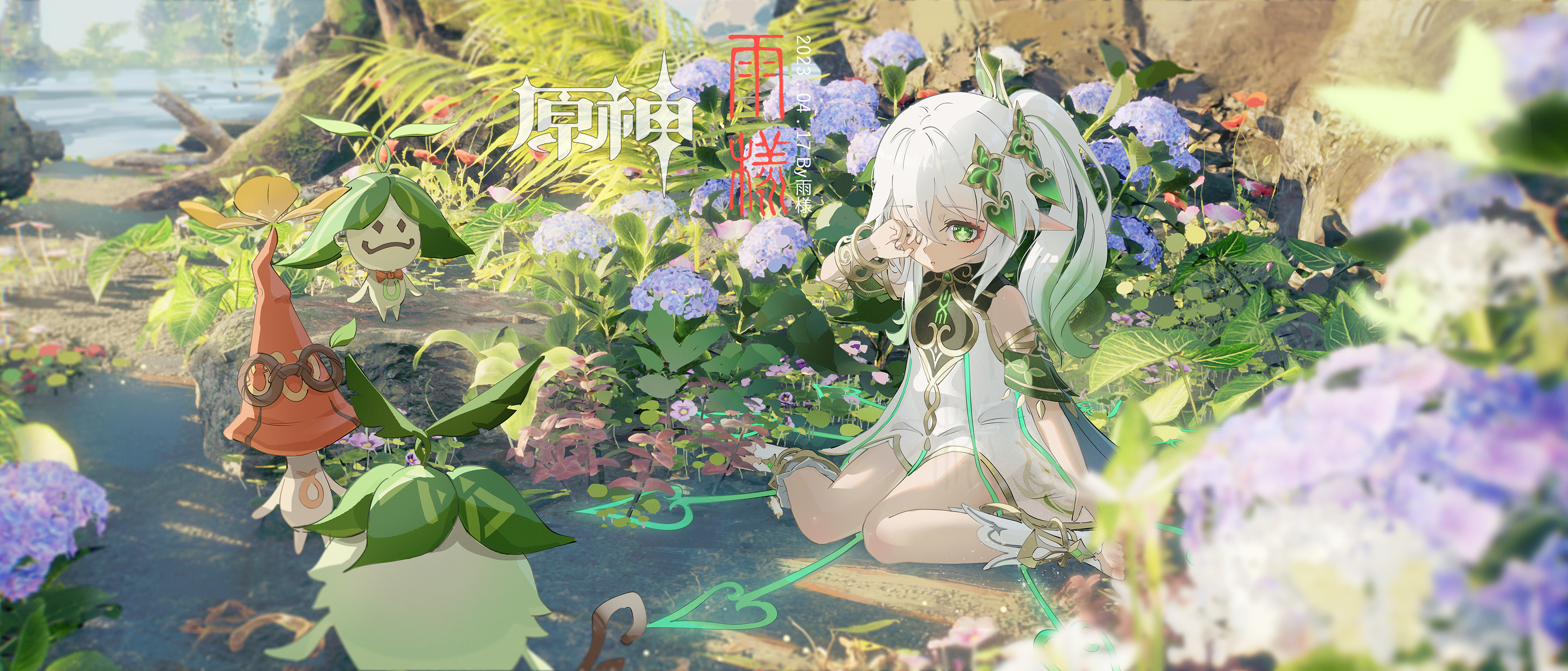 Anime Anime Girls Genshin Impact Nahida Genshin Impact Leaves Plants One Eye Closed Green Eyes Point 3624x1550