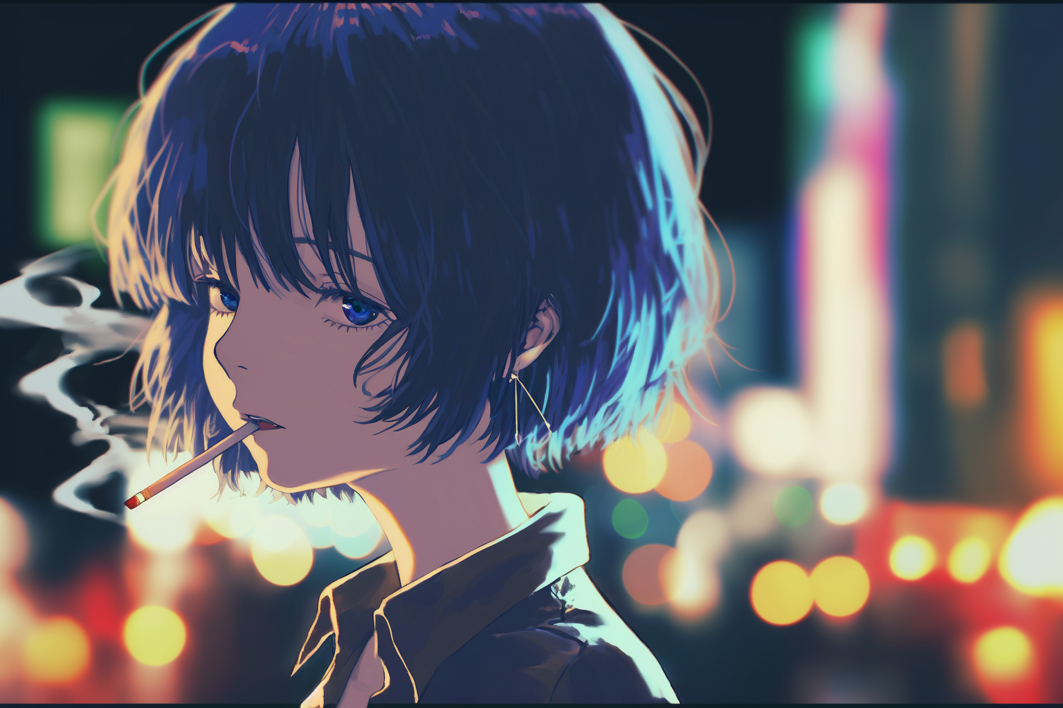 Anime Anime Girls Pixiv Looking At Viewer Blurred Blurry Background Cigarettes Smoking Blue Hair Blu 1536x1024