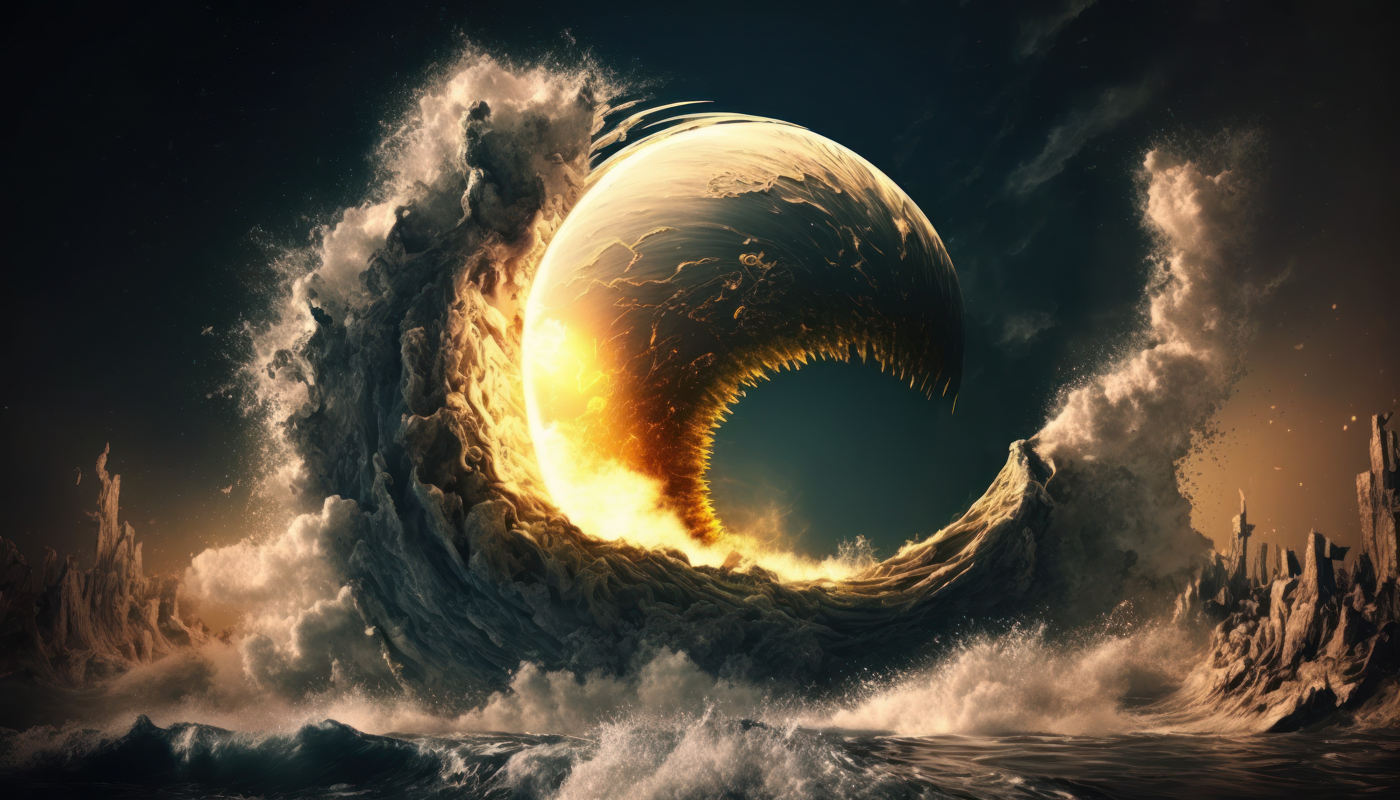 Ai Art Illustration Moon Waves Collision Sea Water 4579x2616
