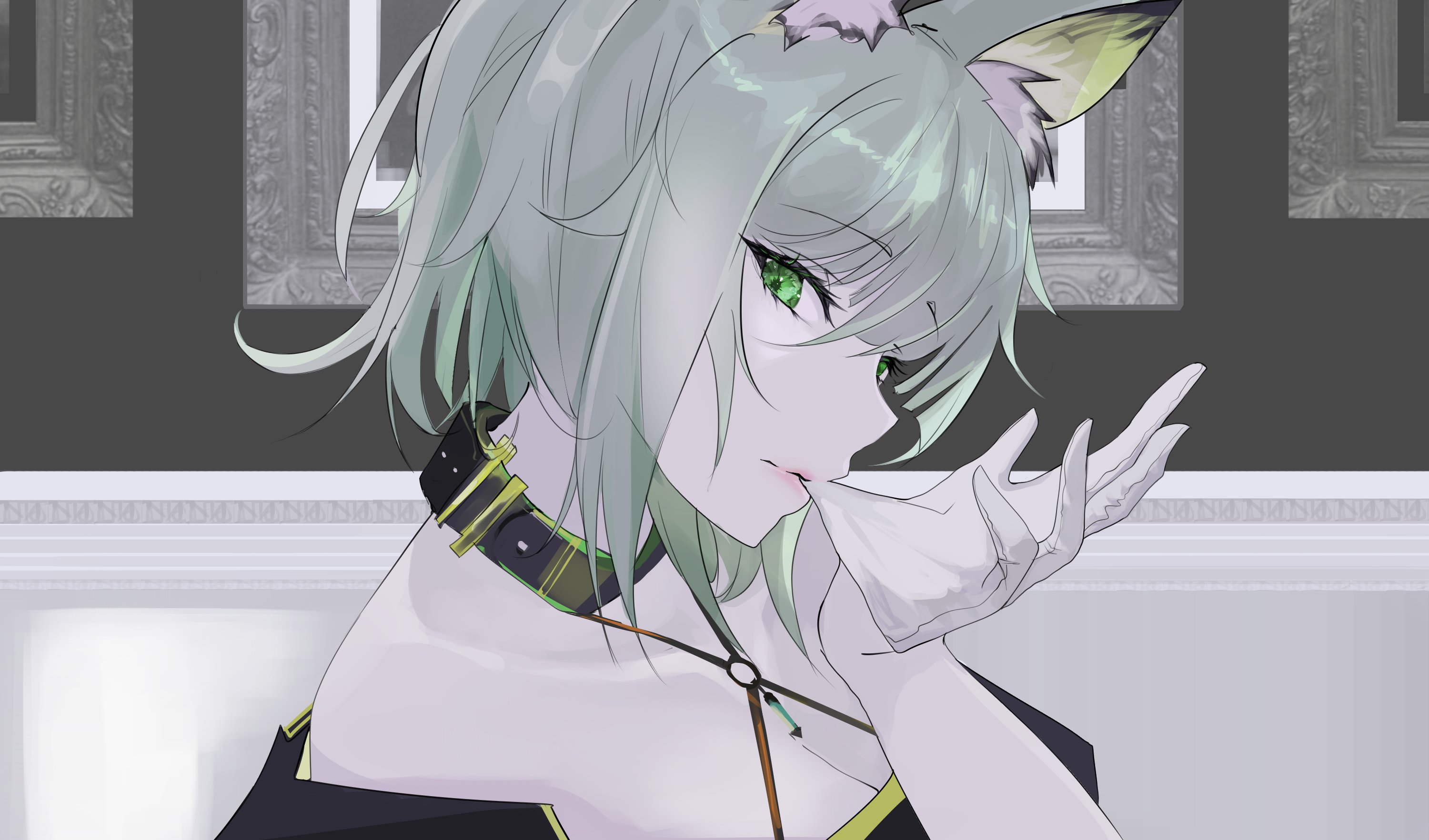 Anime Girls Animal Ears Gloves Green Eyes Looking At Viewer Fox Girl Fox Ears Short Hair Picture Fra 3000x1764