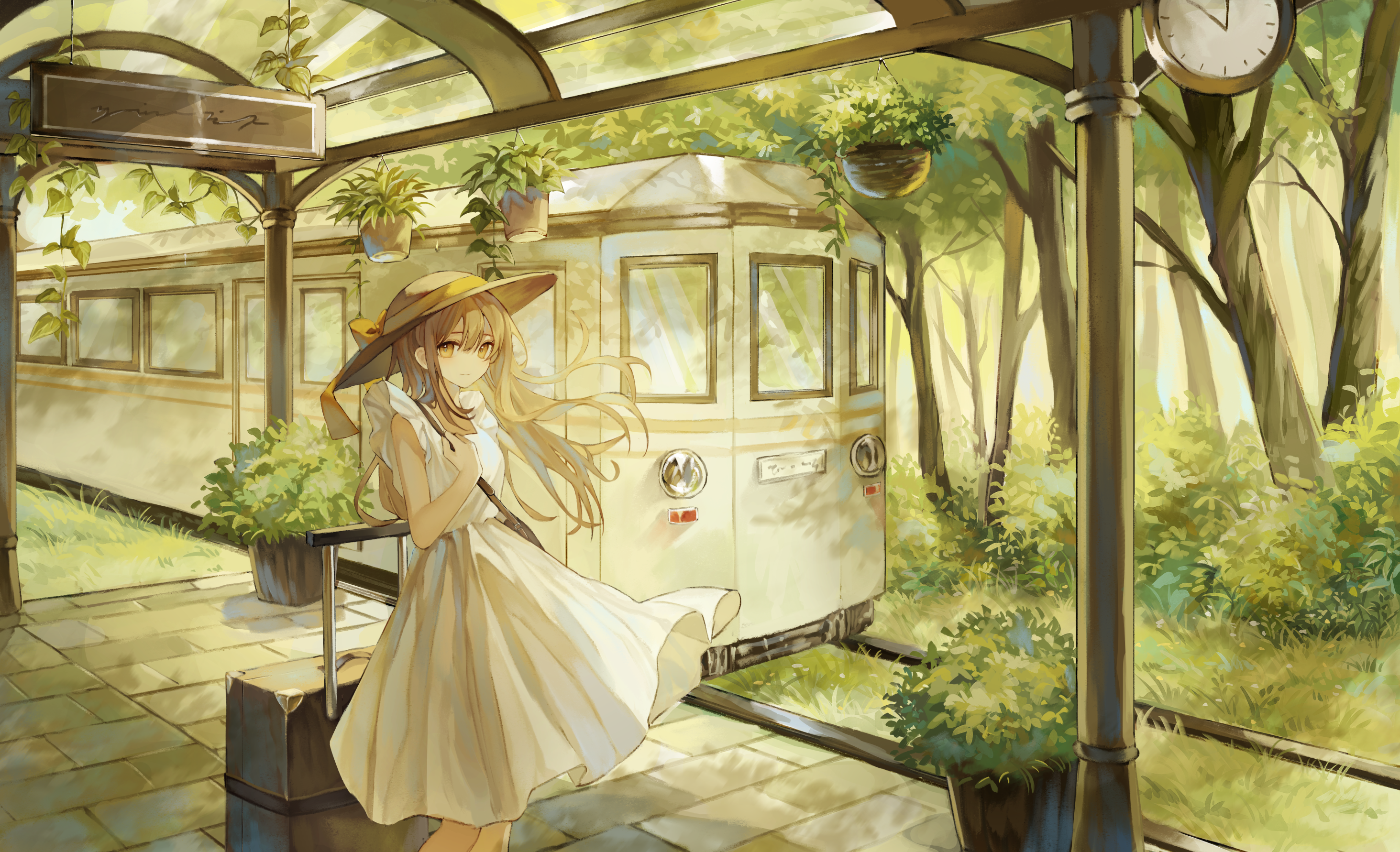 Anime Anime Girls Dress Long Hair Hat Looking At Viewer Train Trees Grass Brunette Brown Eyes Purse  2927x1782
