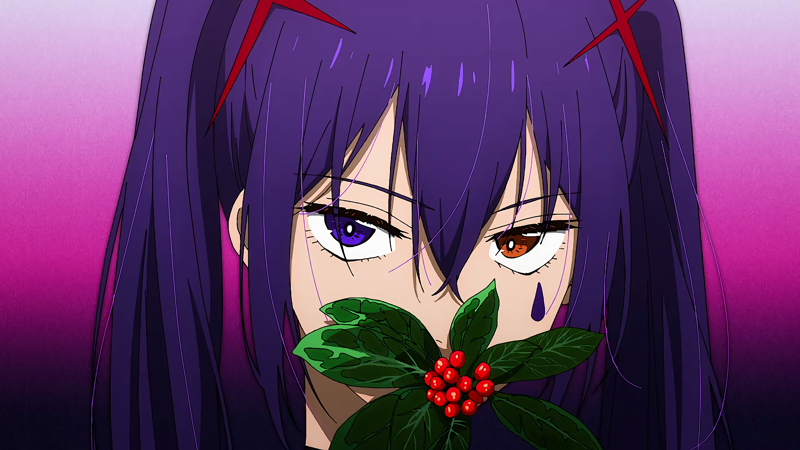 Mahou Shoujo Magical Destroyers Anime Girls Flowers Twintails Leaves Looking At Viewer Gradient Purp 2560x1440