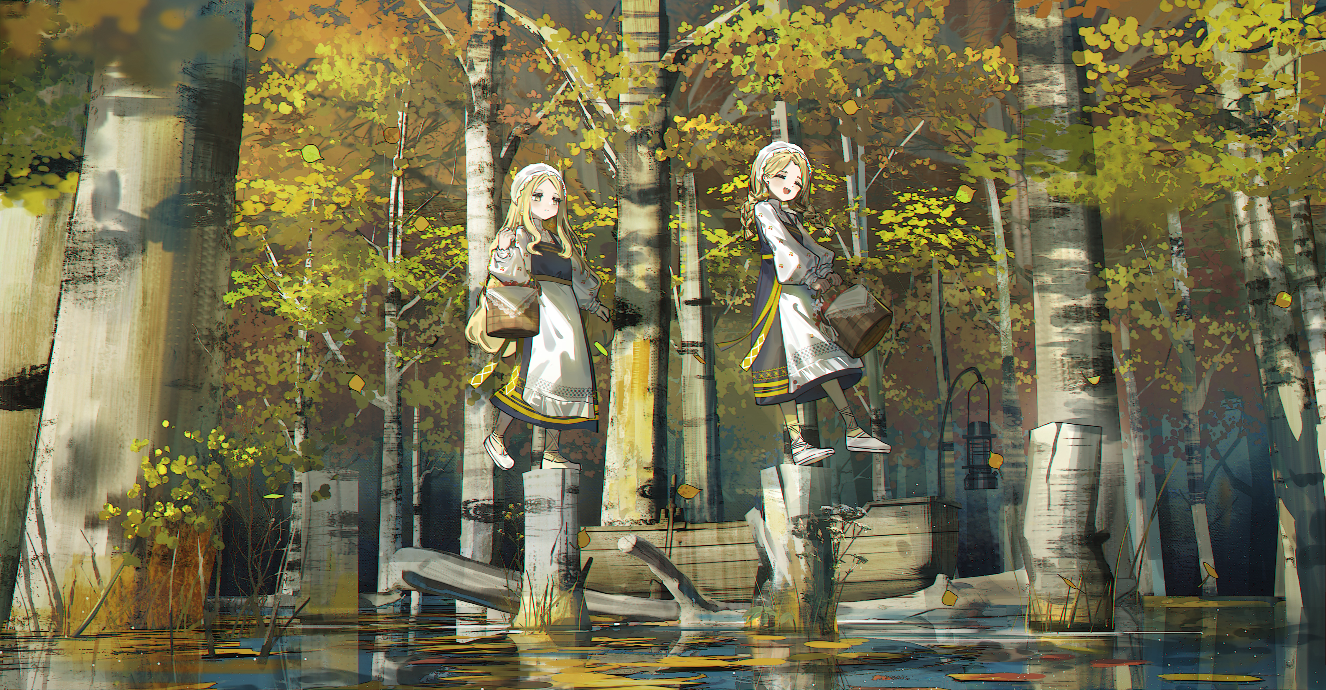 Gekidan Anime Anime Girls Standing Tree Trunk Forest Water Oak Trees Dress Long Hair Blonde Picnic B 4500x2342
