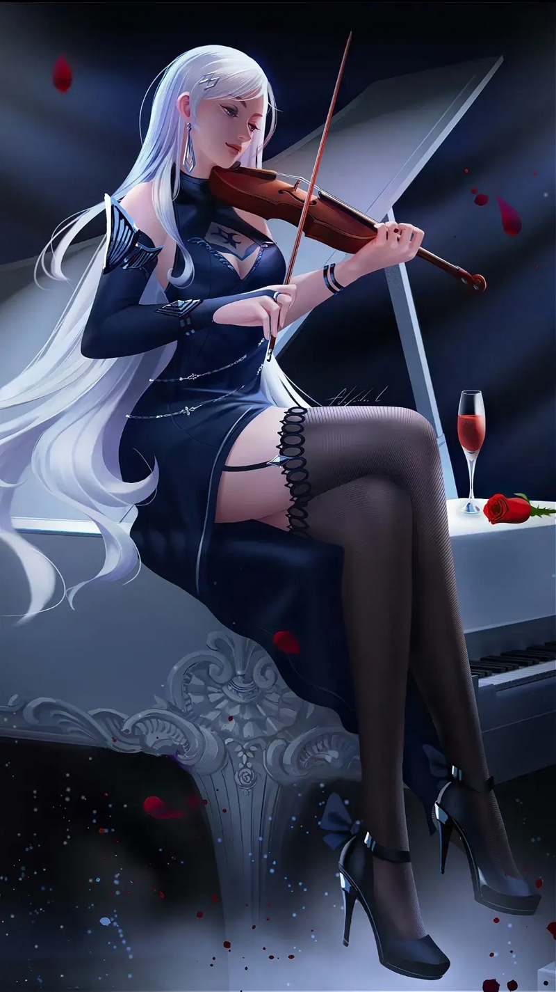 Violin Anime Girls White Hair Piano Wine Musical Instrument Petals Legs Crossed Heels 800x1425
