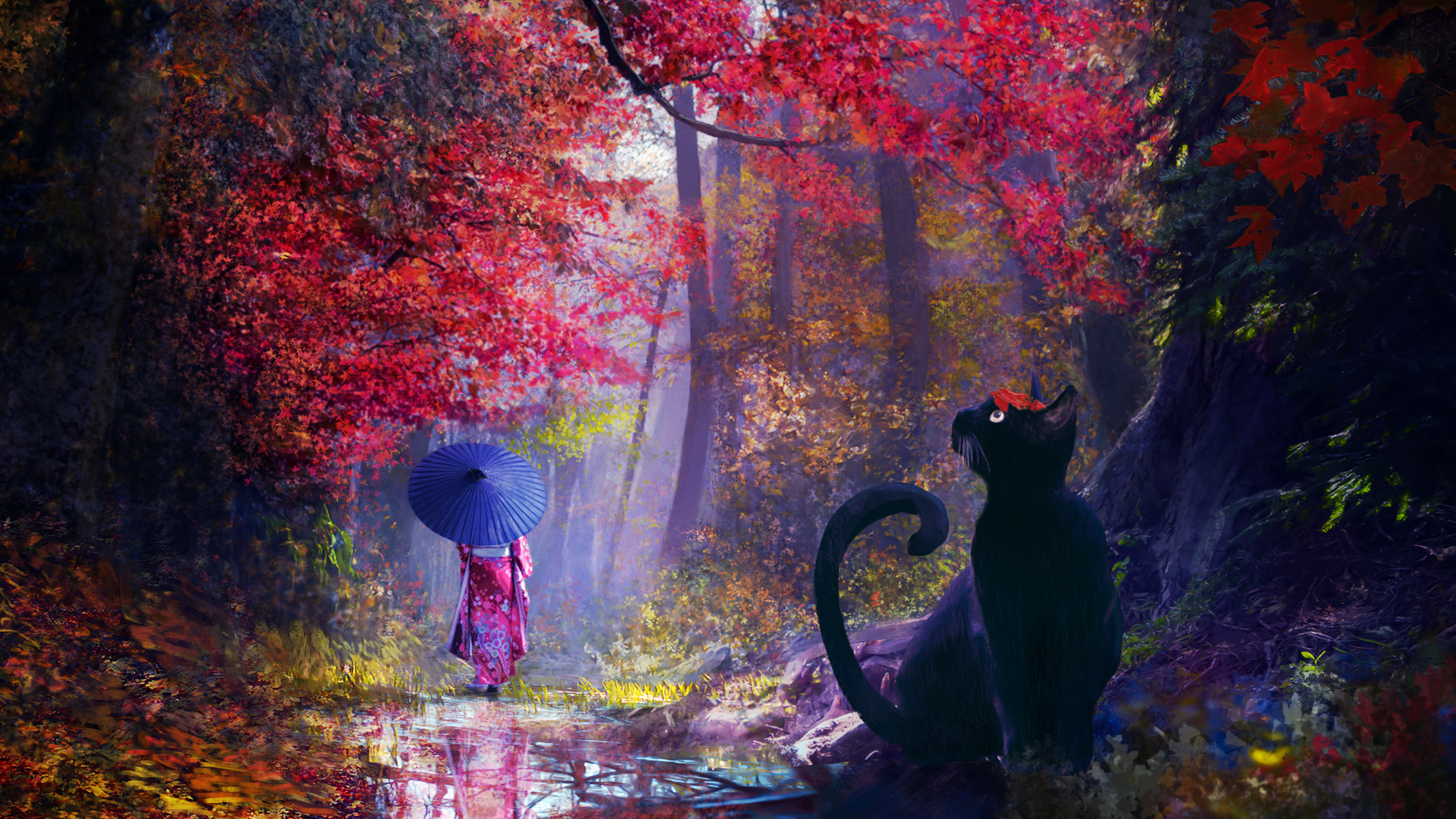 Black Cat Red Trees Japanese Clothes Umbrella Anime Girls Nature Cats Kimono Leaves Reflection Trees 1920x1080