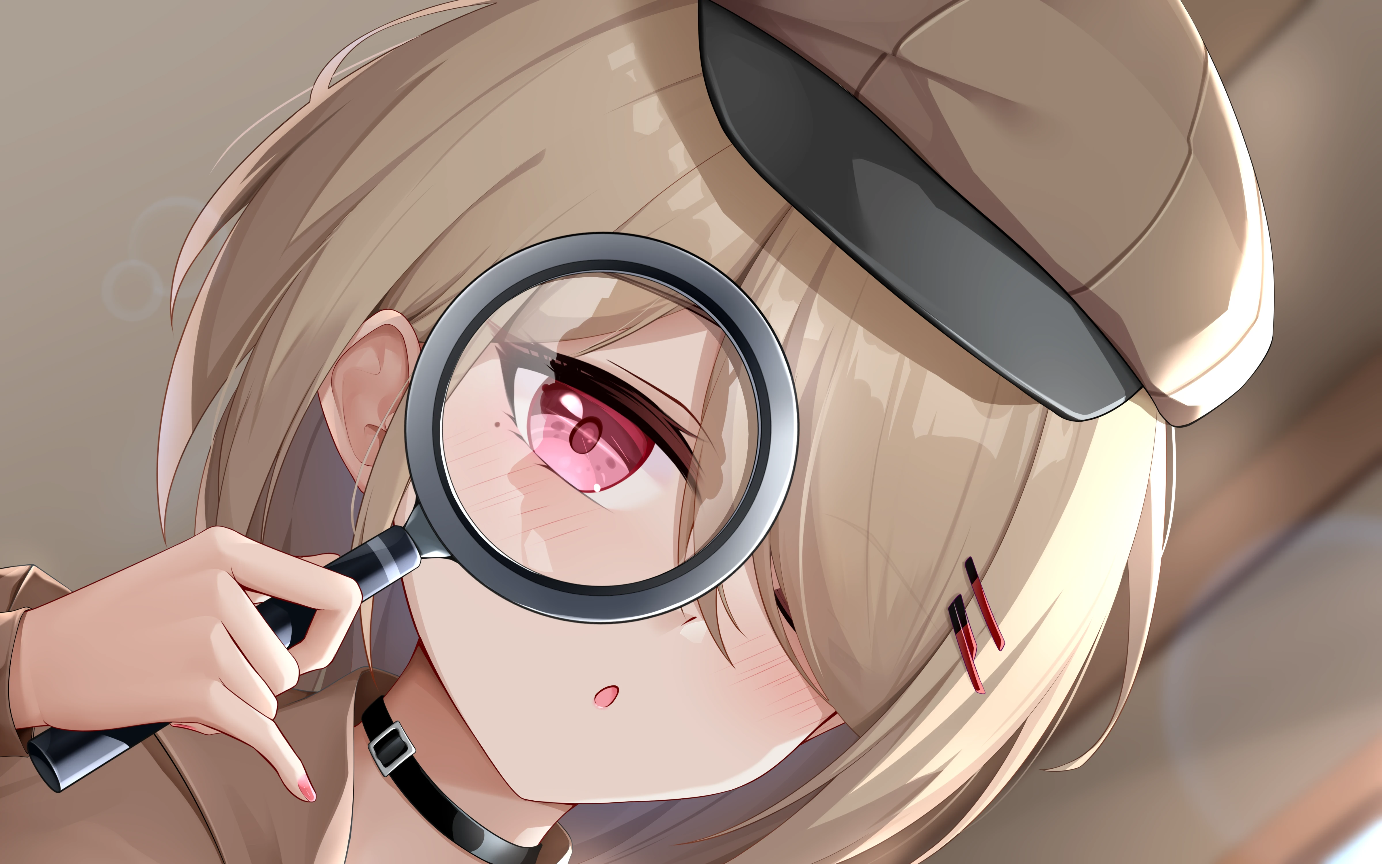 Anime Anime Girls Pixiv Magnifying Glass Moles Mole Under Eye Hat Blushing Short Hair One Eye Closed 4800x3000