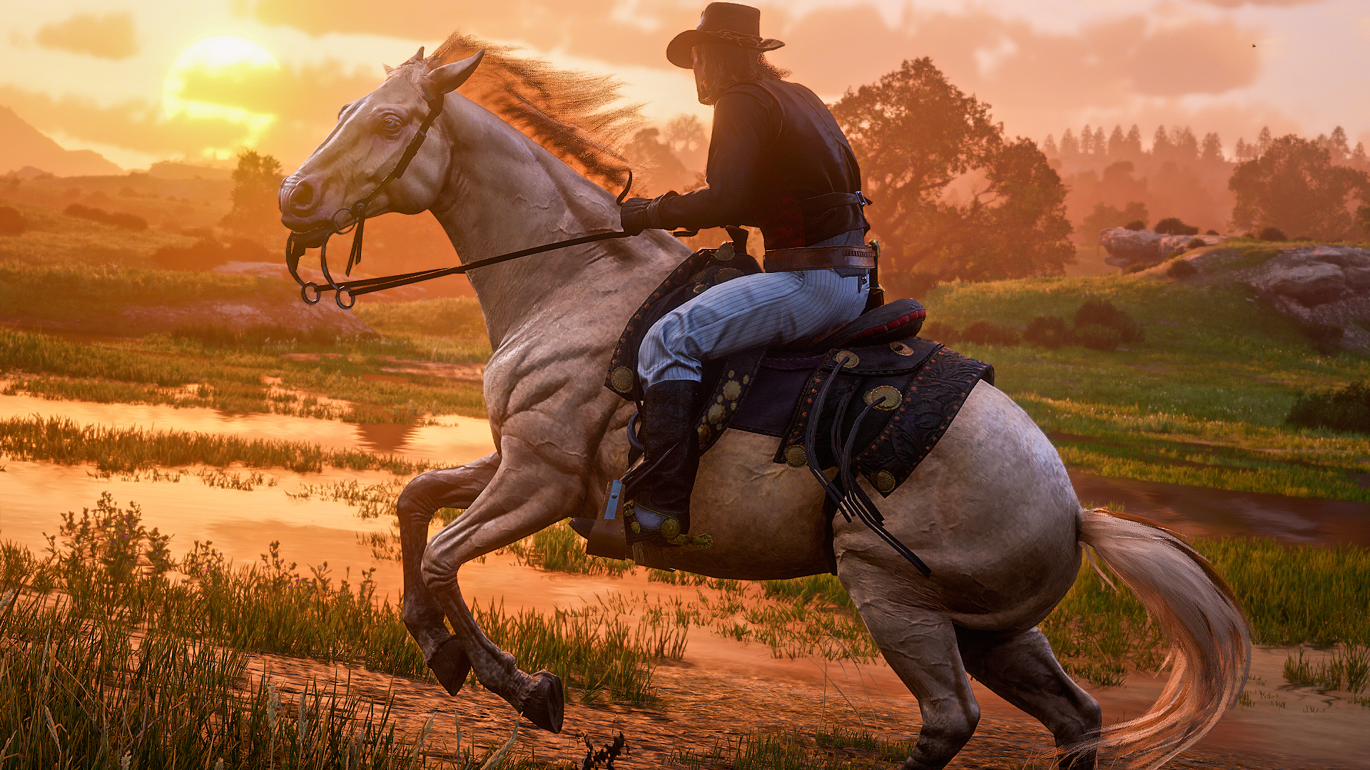 Red Dead Redemption 2 Screen Shot Water Horse Riding Horseback Video Game Characters Arthur Morgan S 1920x1080