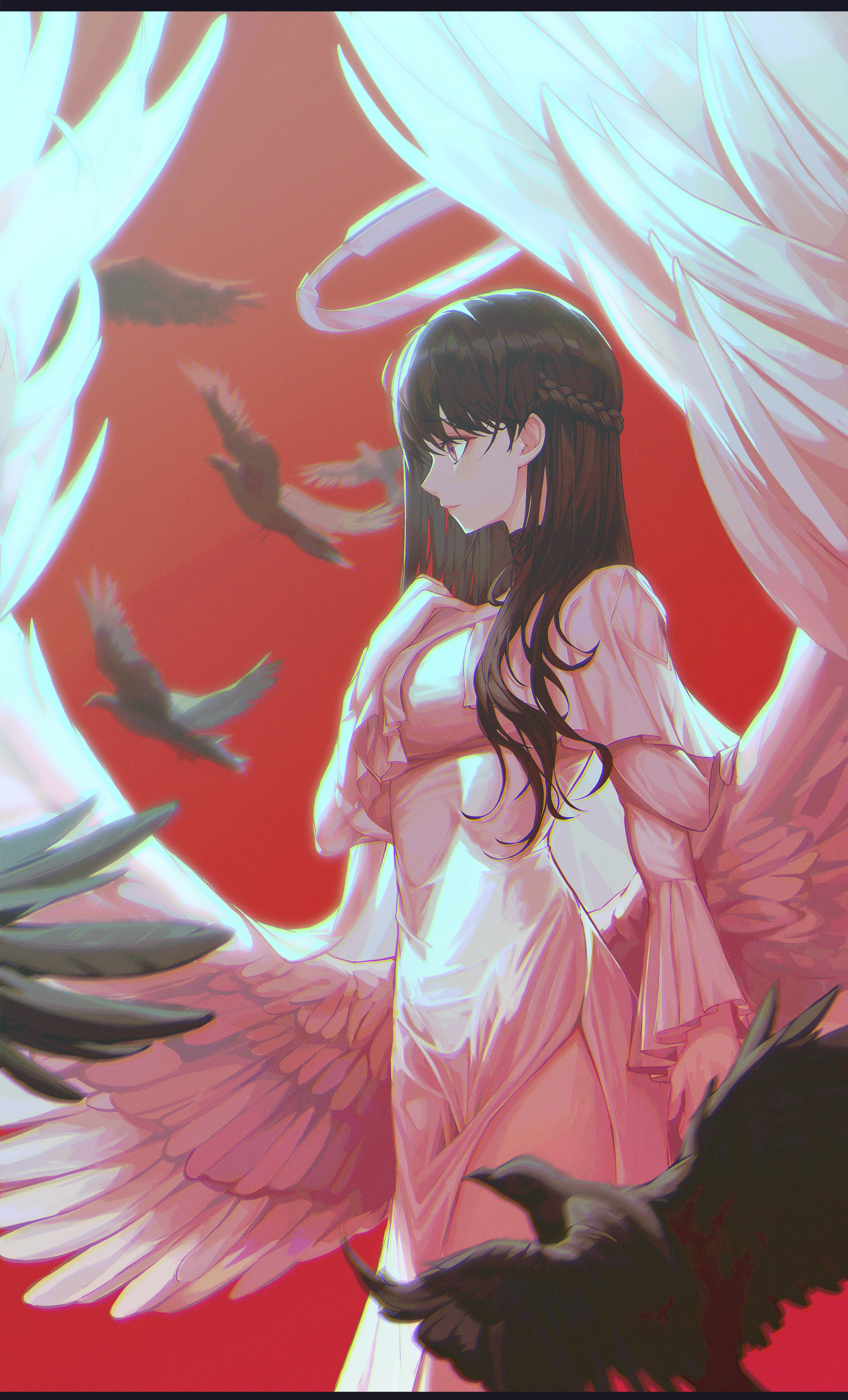 Xeonomi 2D Anime Girls Angel Wings Nimbus Birds Wings Vertical Braids 2000x3300