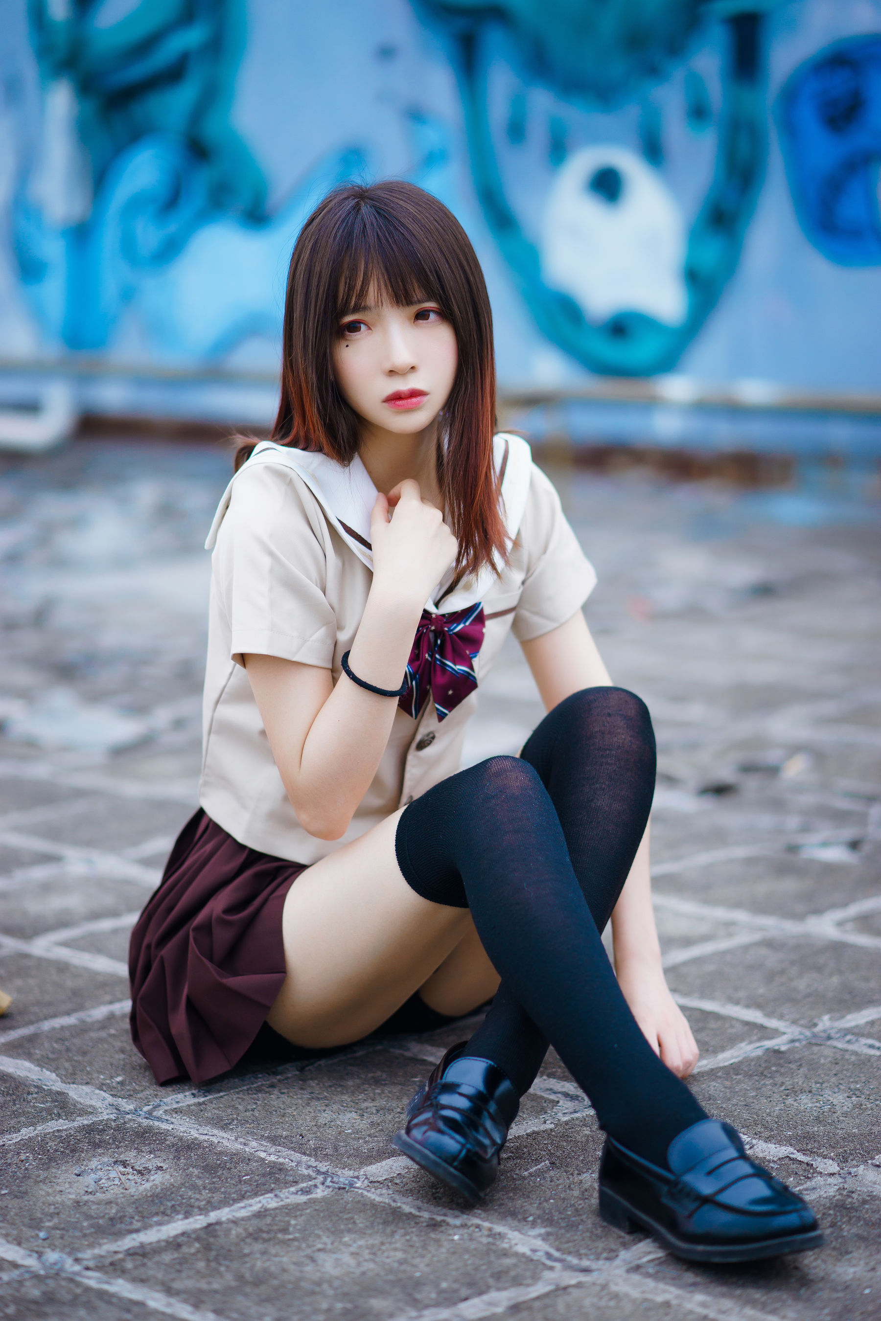 Women Model Asian School Uniform Women Outdoors Urban Legs Long Hair Thigh High Socks 1800x2700