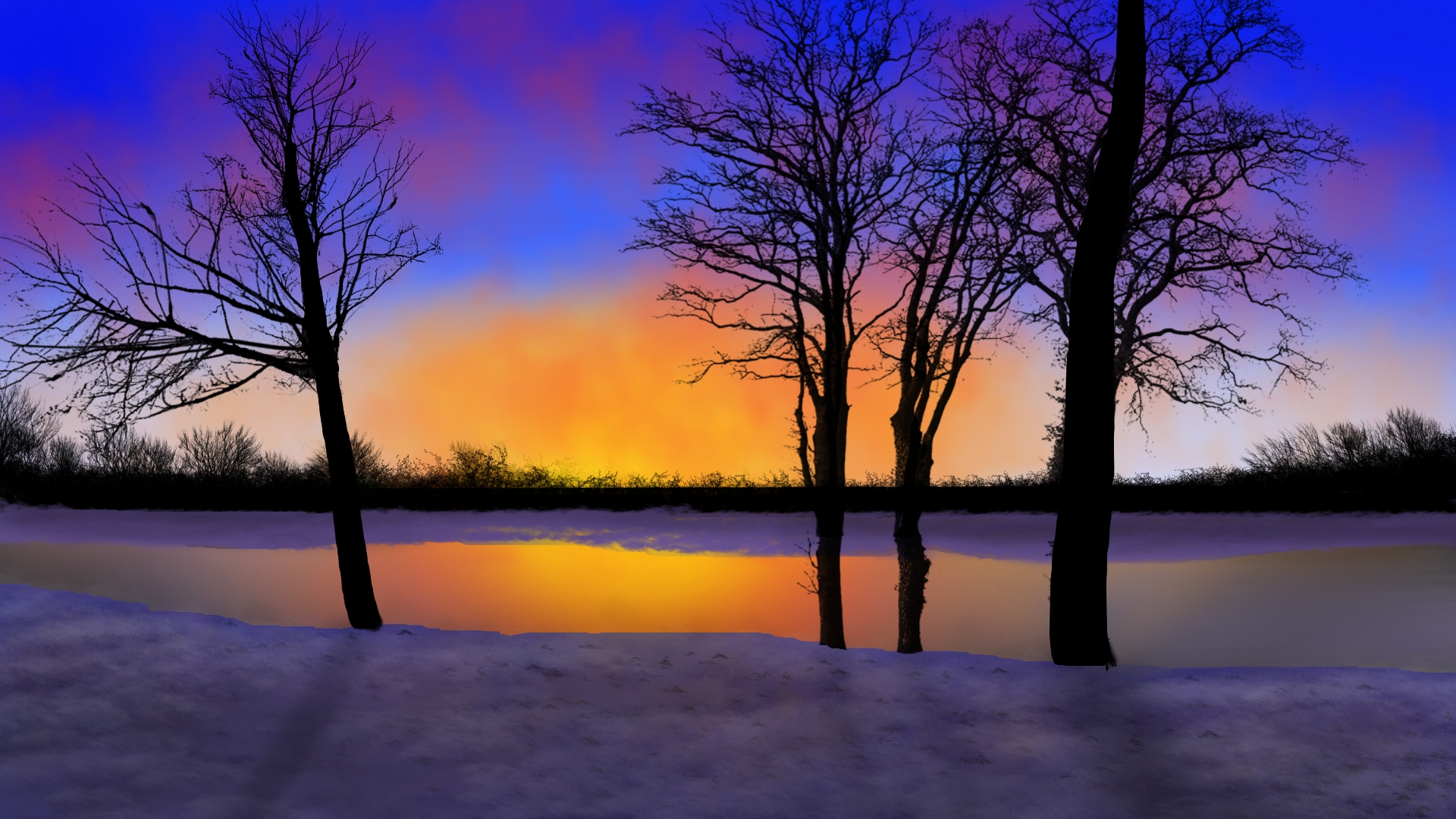 Digital Painting Digital Art Nature Landscape Winter Is Coming Twilight Trees Sunset Glow 1920x1080