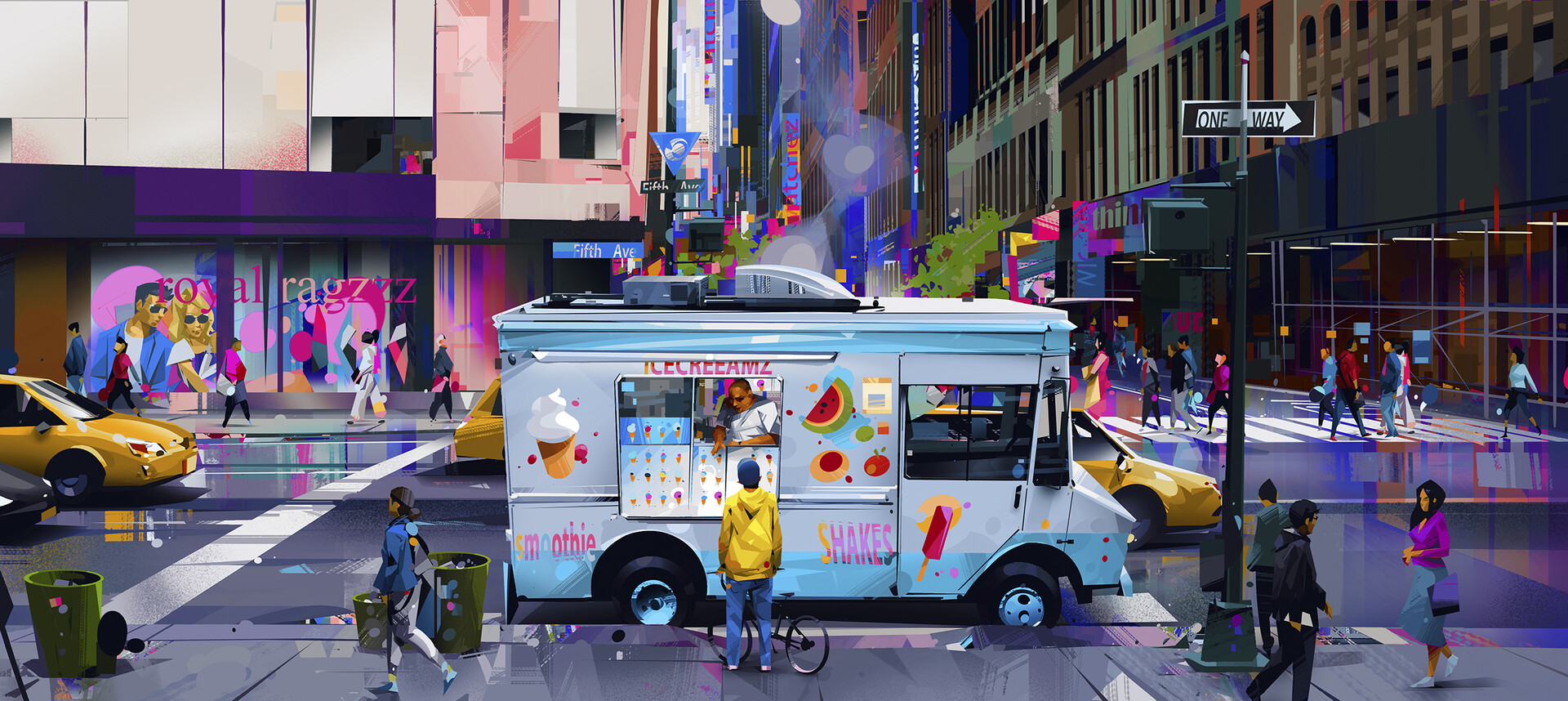 Artwork Digital Art Ice Cream Van Colorful City Streets Vehicle City Street Walking Pedestrian Bridg 1920x858