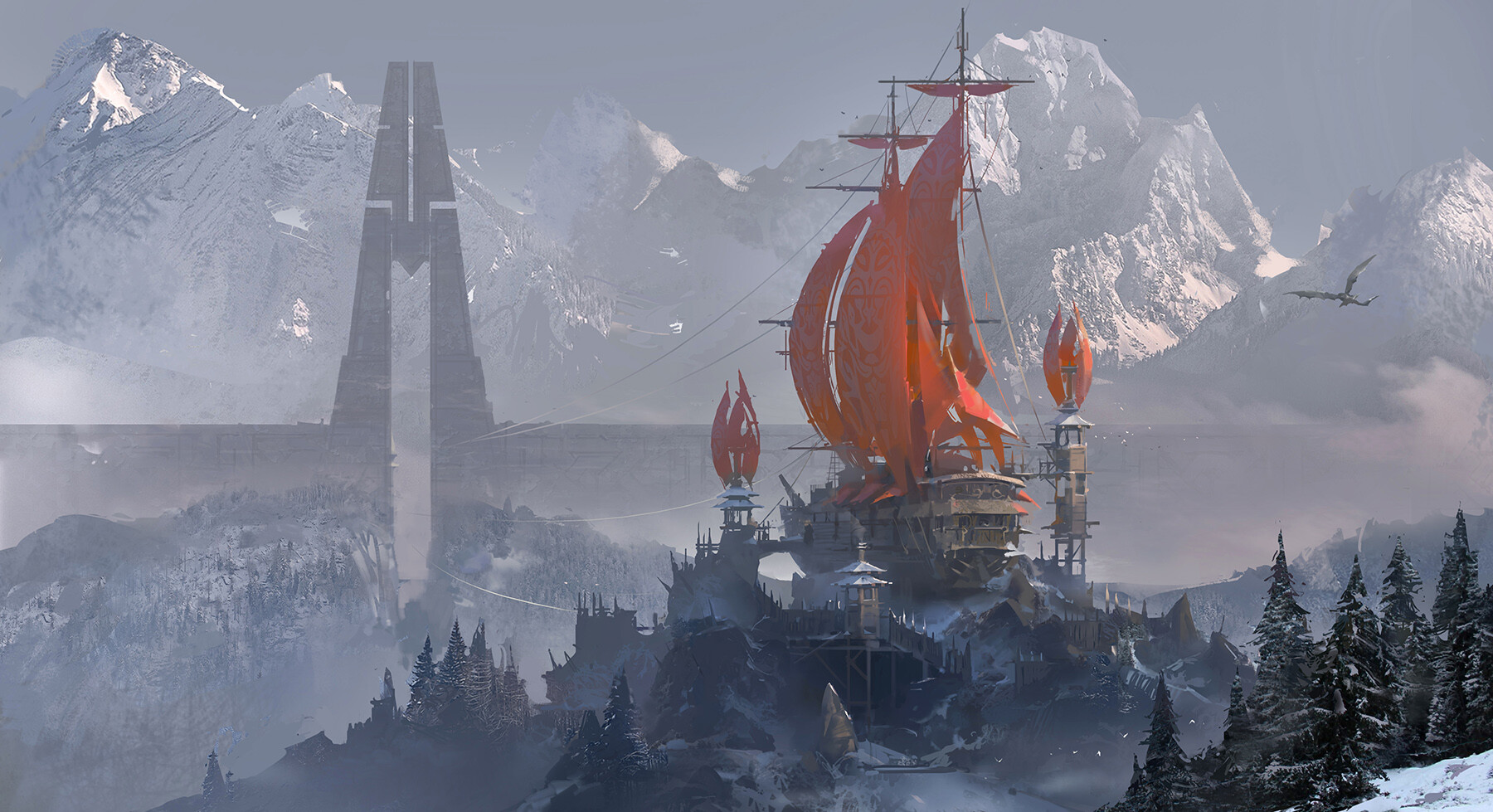 Digital Art Fantasy Art 3 LY Studio Ship Mountains Dragon Landscape Trees Snow Fantasy Ship 1800x979