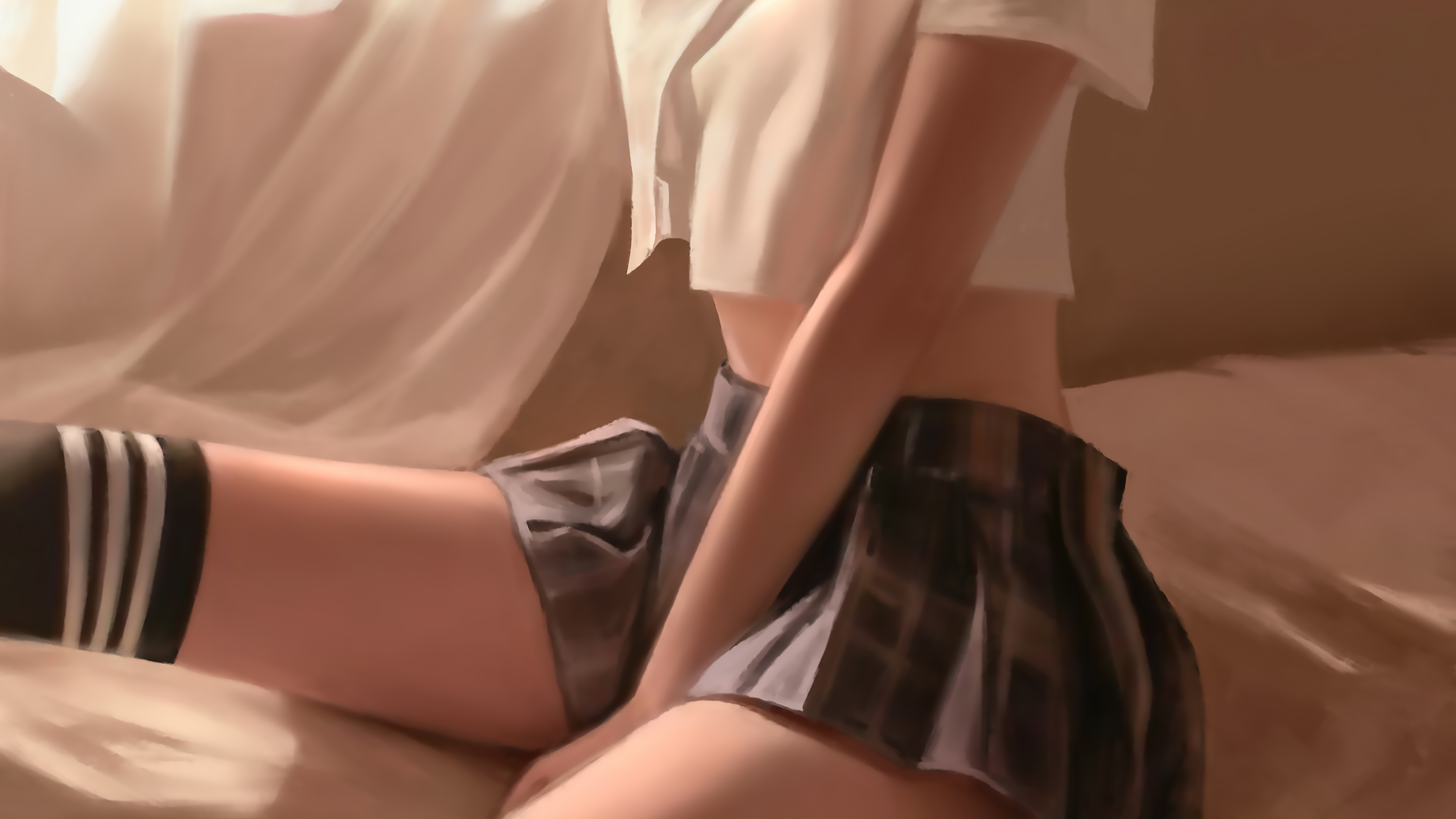 Schoolgirl School Uniform Skirt Digital Art Blurred 3840x2160