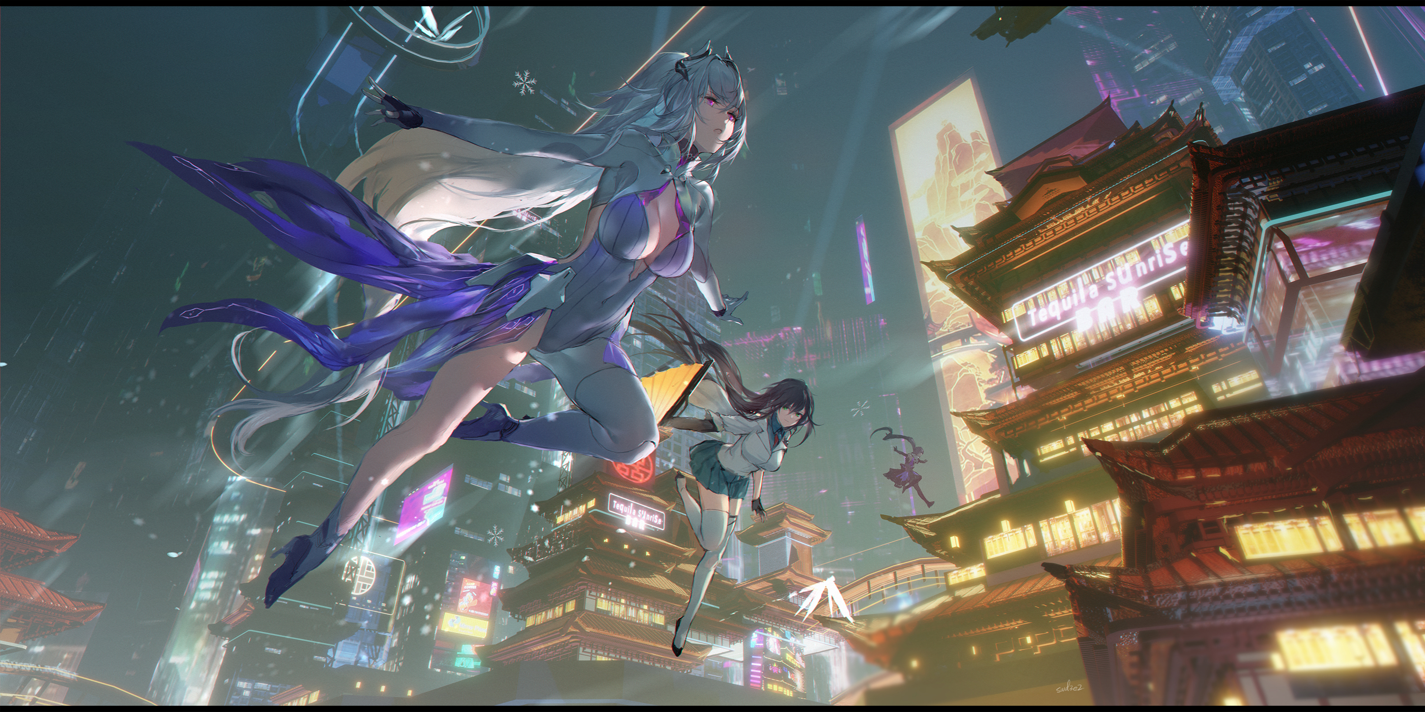 Anime Anime Girls City City Lights Swd3e2 Cyberpunk 2800x1400