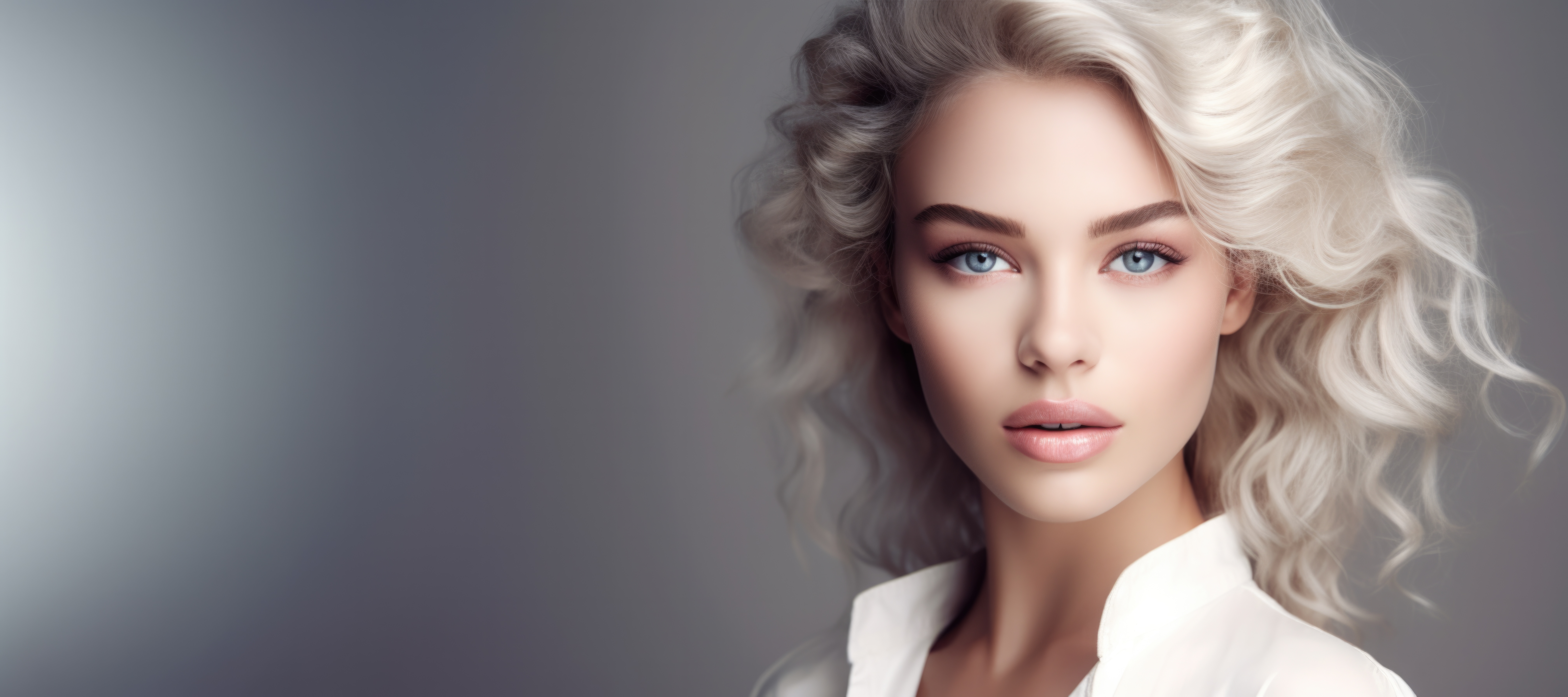 Women Face Simple Background Gray Background Blonde Curly Hair Lips Blue Eyes White Blouse Women Ind 8064x3584
