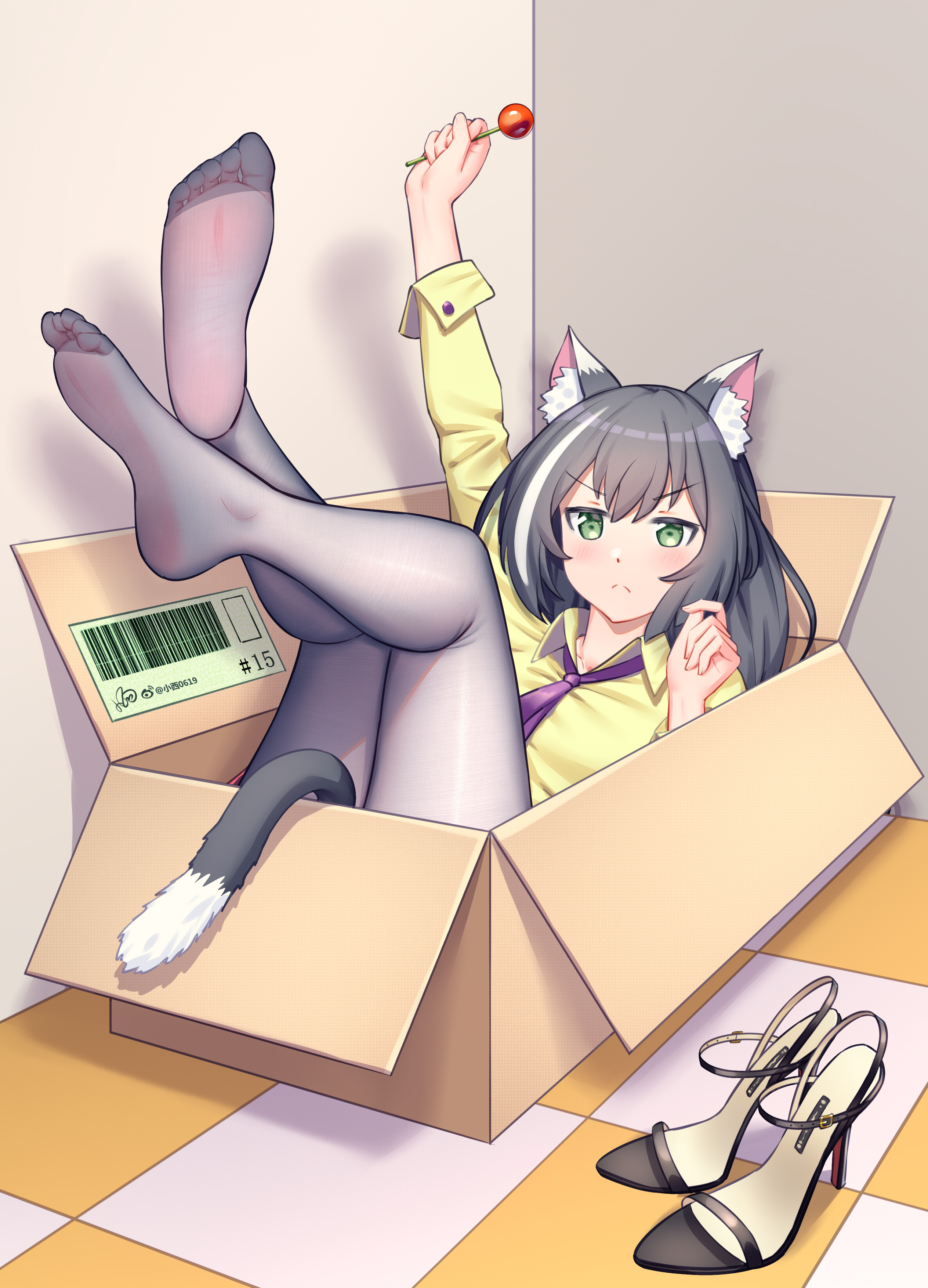 Cat Girl Vertical Anime Girls Cat Ears Cat Tail Cardboard Box Feet Two Tone Hair Lollipop Lying On B 2528x3508