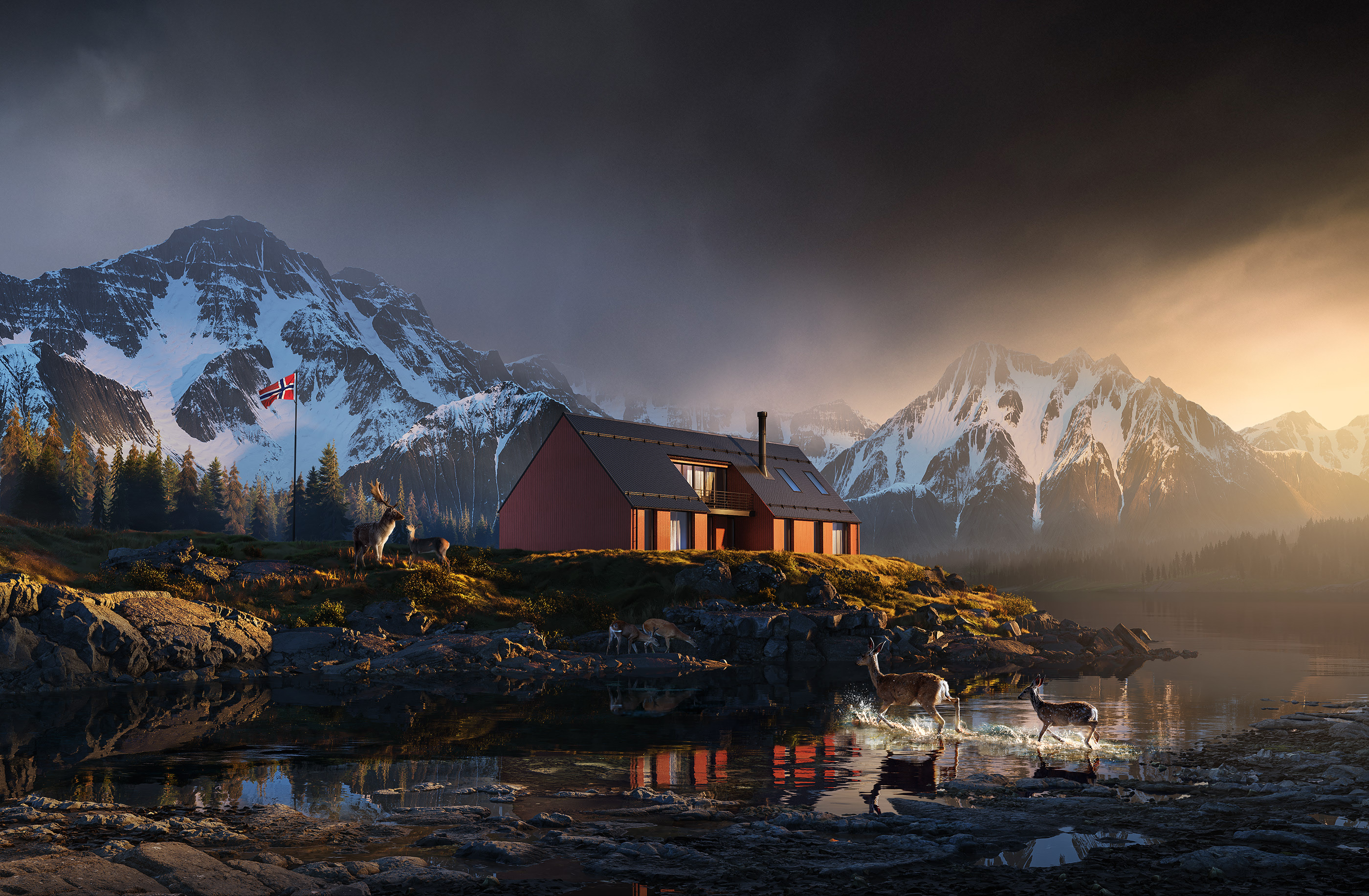 Norway Europe Digital Art Artwork Nature Landscape Mountains Snow Lake House Reflection CGi Deer For 2800x1833